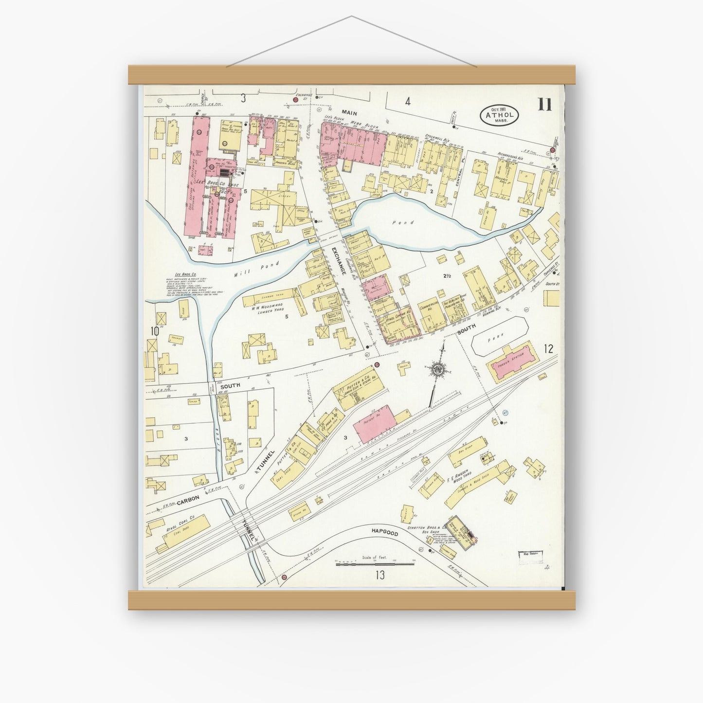Old map wall art mockup — magnetic wood frame on white wall — Sanborn Fire Insurance Map from Athol, Worcester County, Massachusetts (1911), Sheet #0011