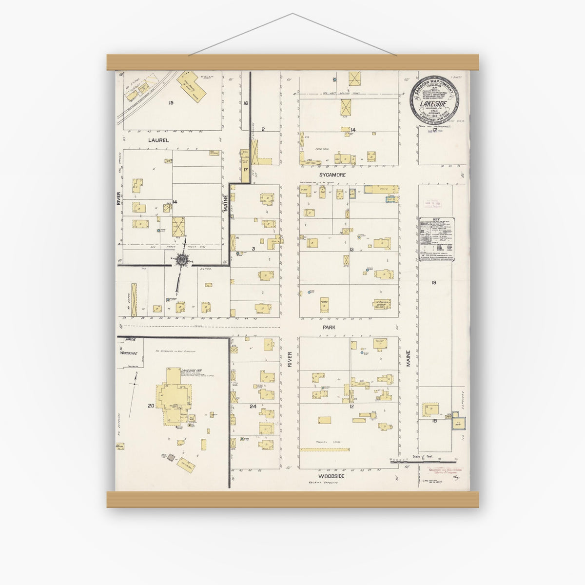 Old map wall art mockup — magnetic wood frame on white wall — Sanborn Fire Insurance Map from Lakeside, San Diego County, California (1911), Sheet #0001
