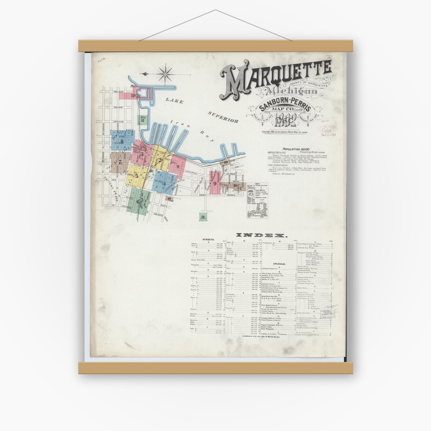 Old map wall art mockup — magnetic wood frame on white wall — Sanborn Fire Insurance Map from Marquette, Marquette County, Michigan (1892) - Complete Map Set