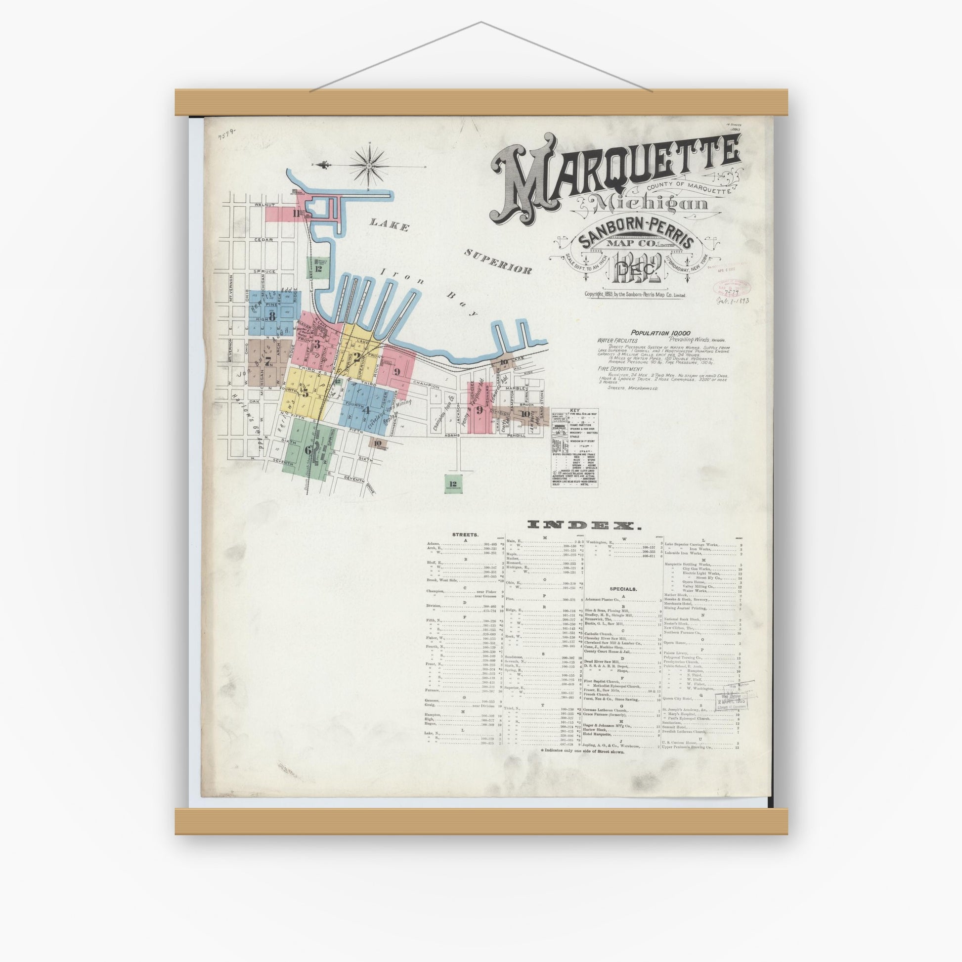 Old map wall art mockup — magnetic wood frame on white wall — Sanborn Fire Insurance Map from Marquette, Marquette County, Michigan (1892) - Complete Map Set