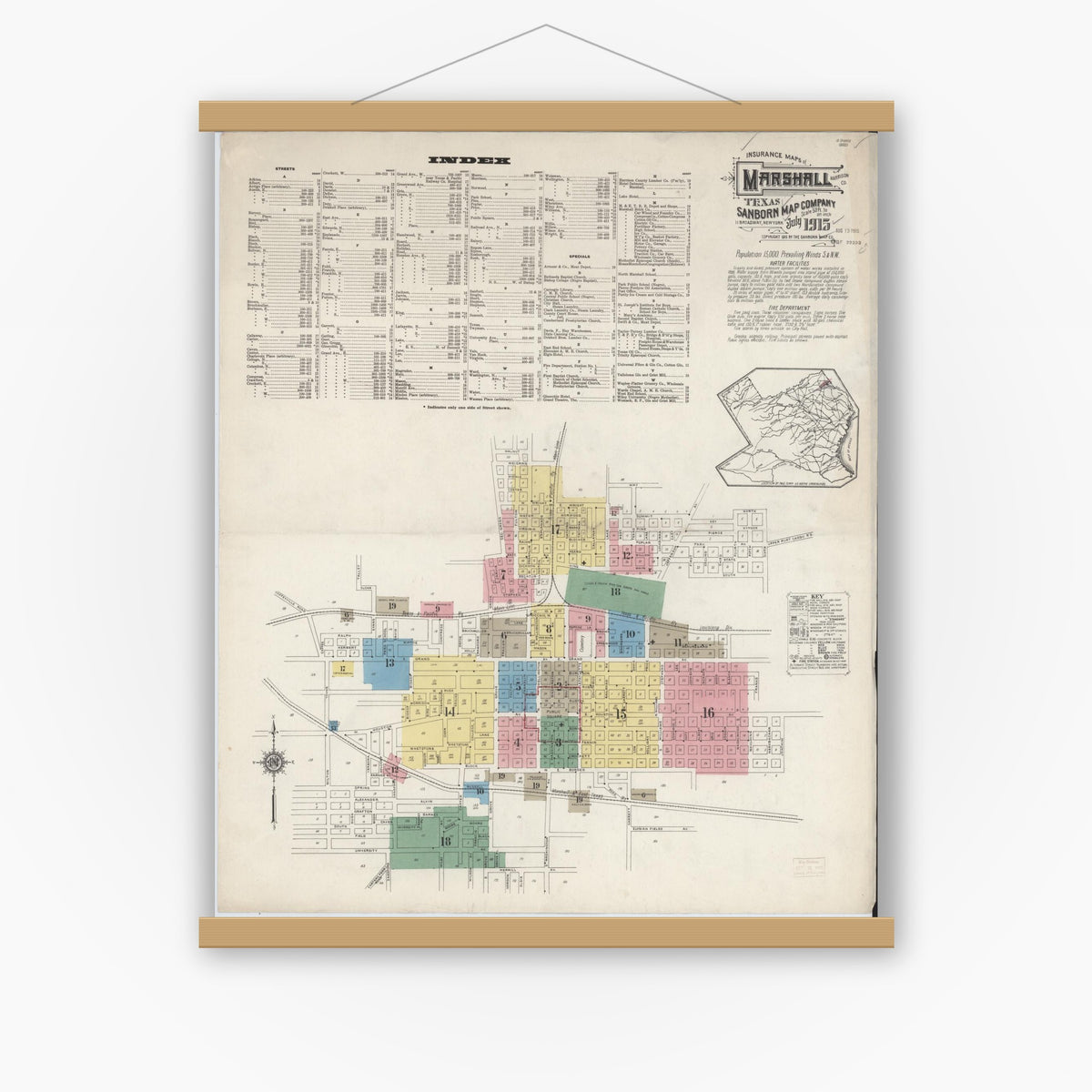 Old map wall art mockup — magnetic wood frame on white wall — Sanborn Fire Insurance Map from Marshall, Harrison County, Texas (1915) - Complete Map Set