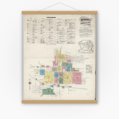 Old map wall art mockup — magnetic wood frame on white wall — Sanborn Fire Insurance Map from Marshall, Harrison County, Texas (1915) - Complete Map Set