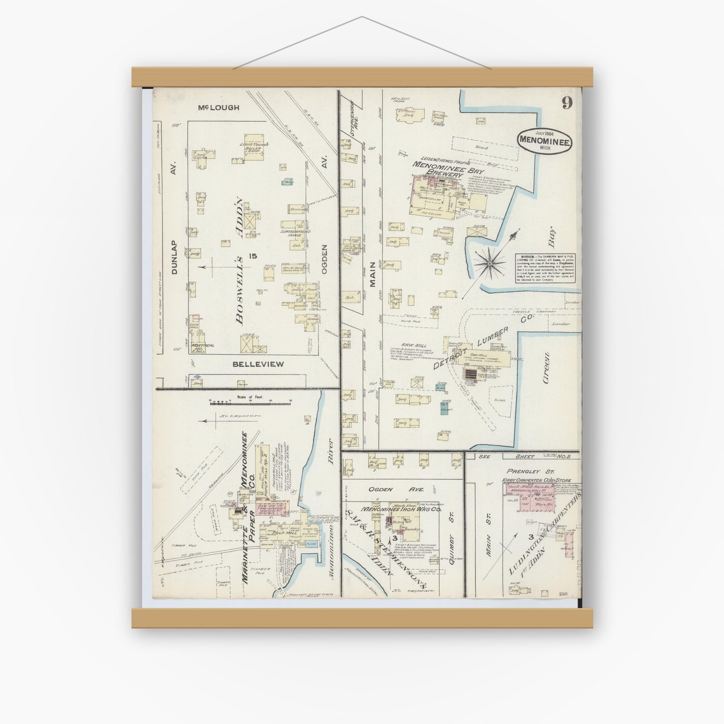 Old map wall art mockup — magnetic wood frame on white wall — Sanborn Fire Insurance Map from Menominee, Menominee County, Michigan (1884), Sheet #0009