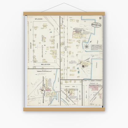 Old map wall art mockup — magnetic wood frame on white wall — Sanborn Fire Insurance Map from Menominee, Menominee County, Michigan (1884), Sheet #0009