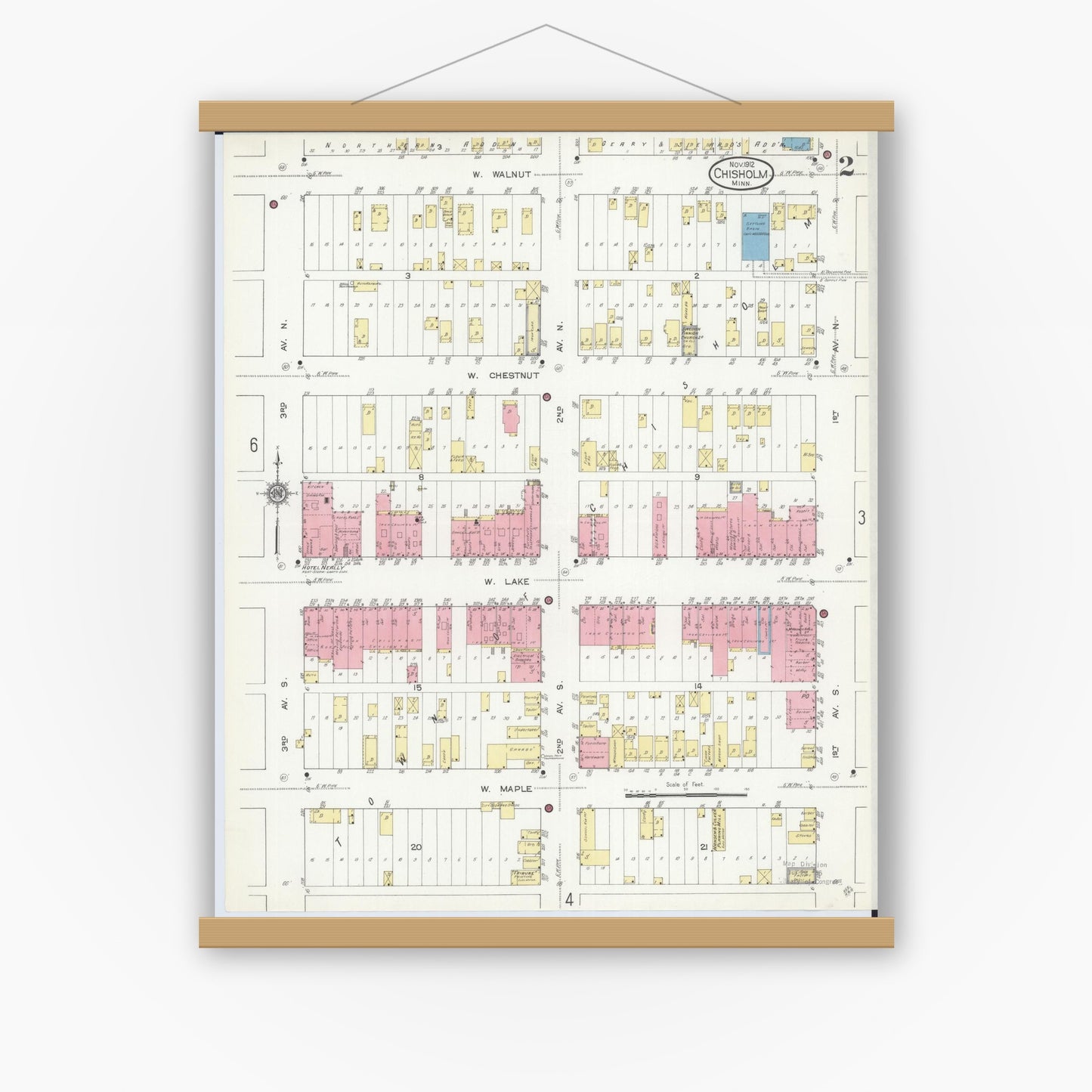 Old map wall art mockup — magnetic wood frame on white wall — Sanborn Fire Insurance Map from Chisholm, Saint Louis County, Minnesota (1912), Sheet #0002