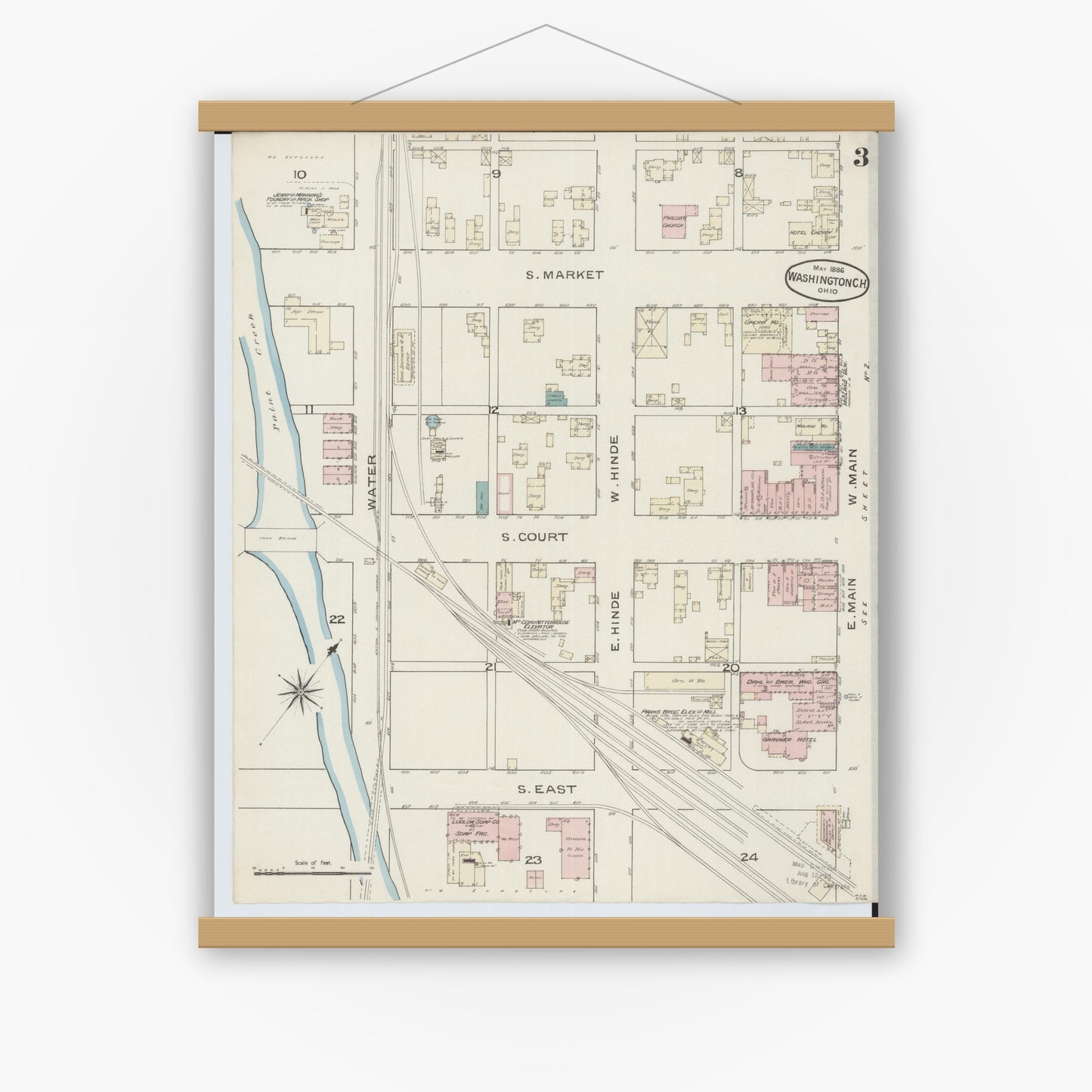 Old map wall art mockup — magnetic wood frame on white wall — Sanborn Fire Insurance Map from Washington Court House, Fayette County, Ohio (1886), Sheet #0003