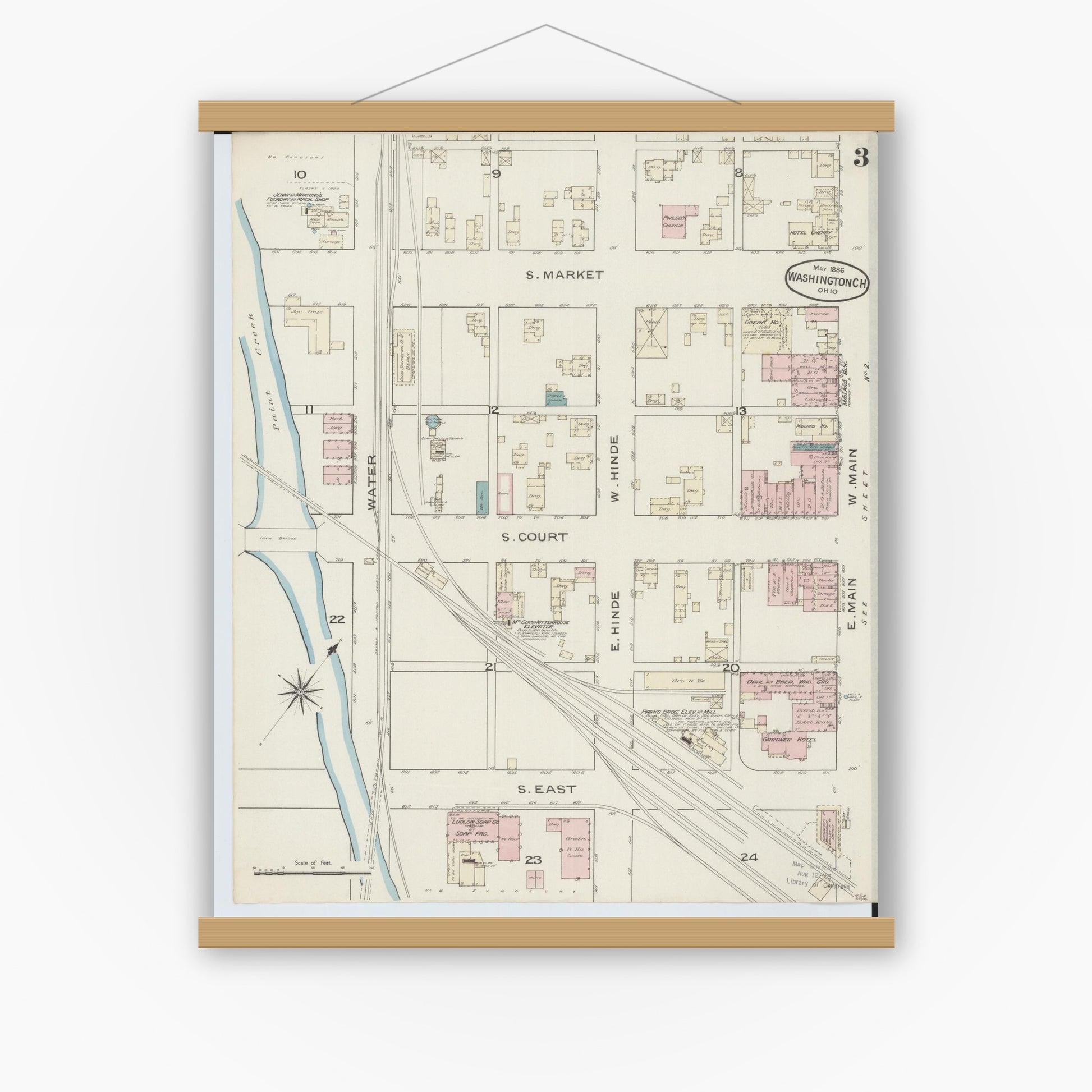 Old map wall art mockup — magnetic wood frame on white wall — Sanborn Fire Insurance Map from Washington Court House, Fayette County, Ohio (1886), Sheet #0003