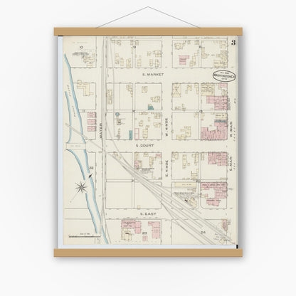 Old map wall art mockup — magnetic wood frame on white wall — Sanborn Fire Insurance Map from Washington Court House, Fayette County, Ohio (1886), Sheet #0003