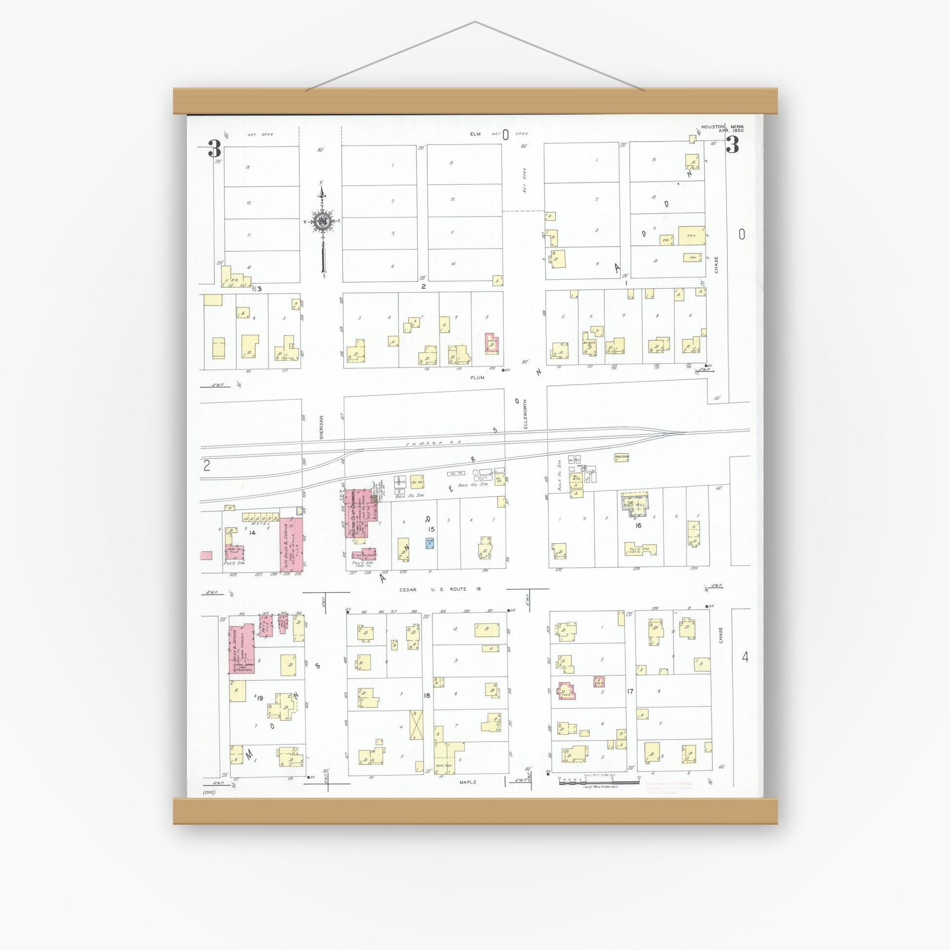 Old map wall art mockup — magnetic wood frame on white wall — Sanborn Fire Insurance Map from Houston, Houston County, Minnesota (1950), Sheet #0003