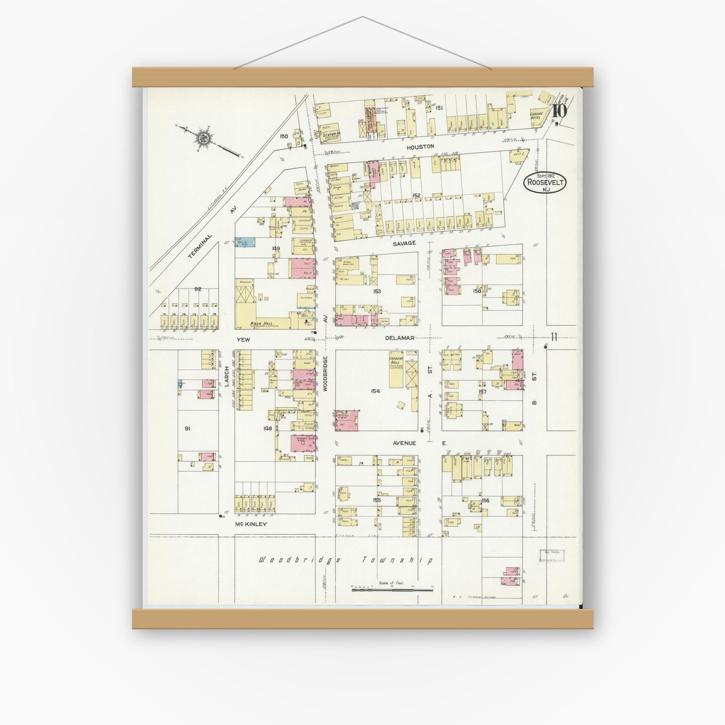 Old map wall art mockup — magnetic wood frame on white wall — Sanborn Fire Insurance Map from Roosevelt, Middlesex County, New Jersey (1912), Sheet #0010