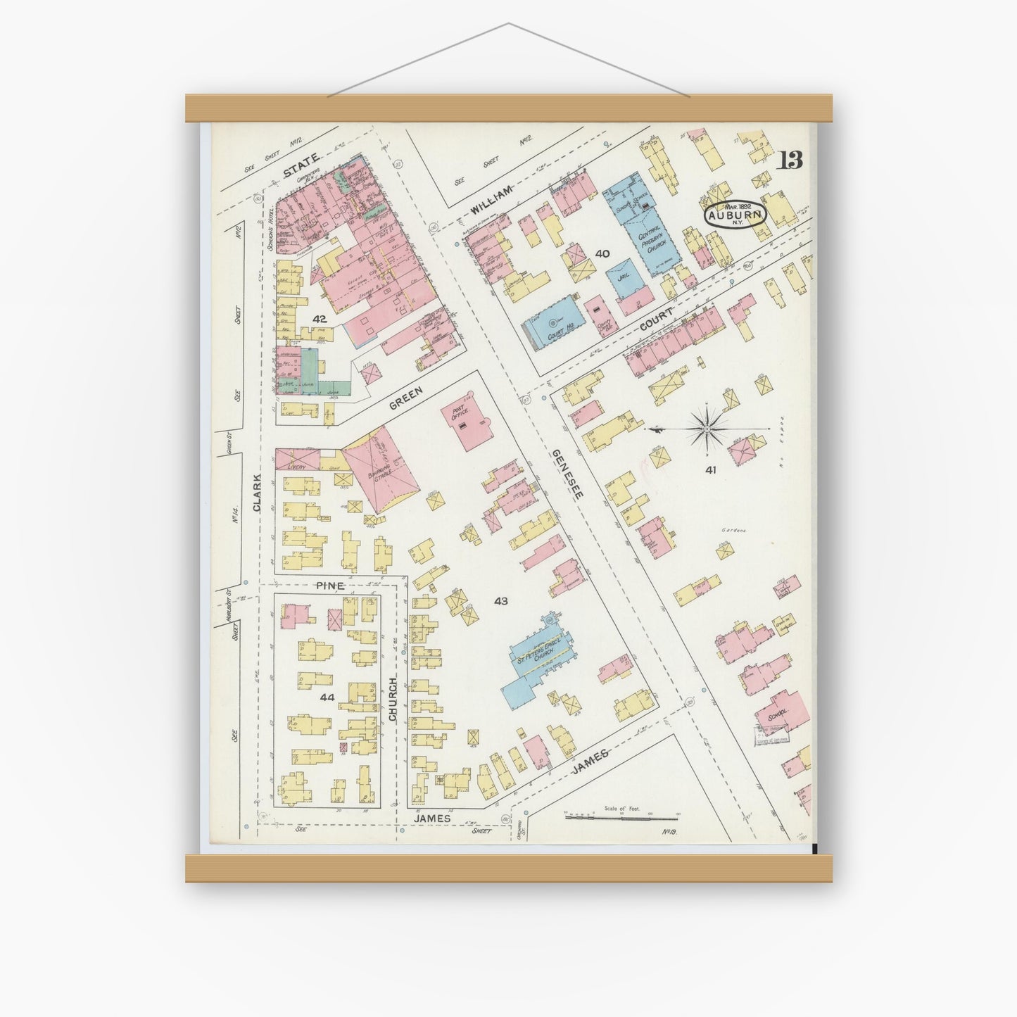 Old map wall art mockup — magnetic wood frame on white wall — Sanborn Fire Insurance Map from Auburn, Cayuga County, New York (1892), Sheet #0013