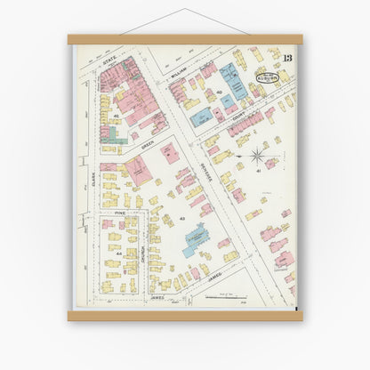 Old map wall art mockup — magnetic wood frame on white wall — Sanborn Fire Insurance Map from Auburn, Cayuga County, New York (1892), Sheet #0013