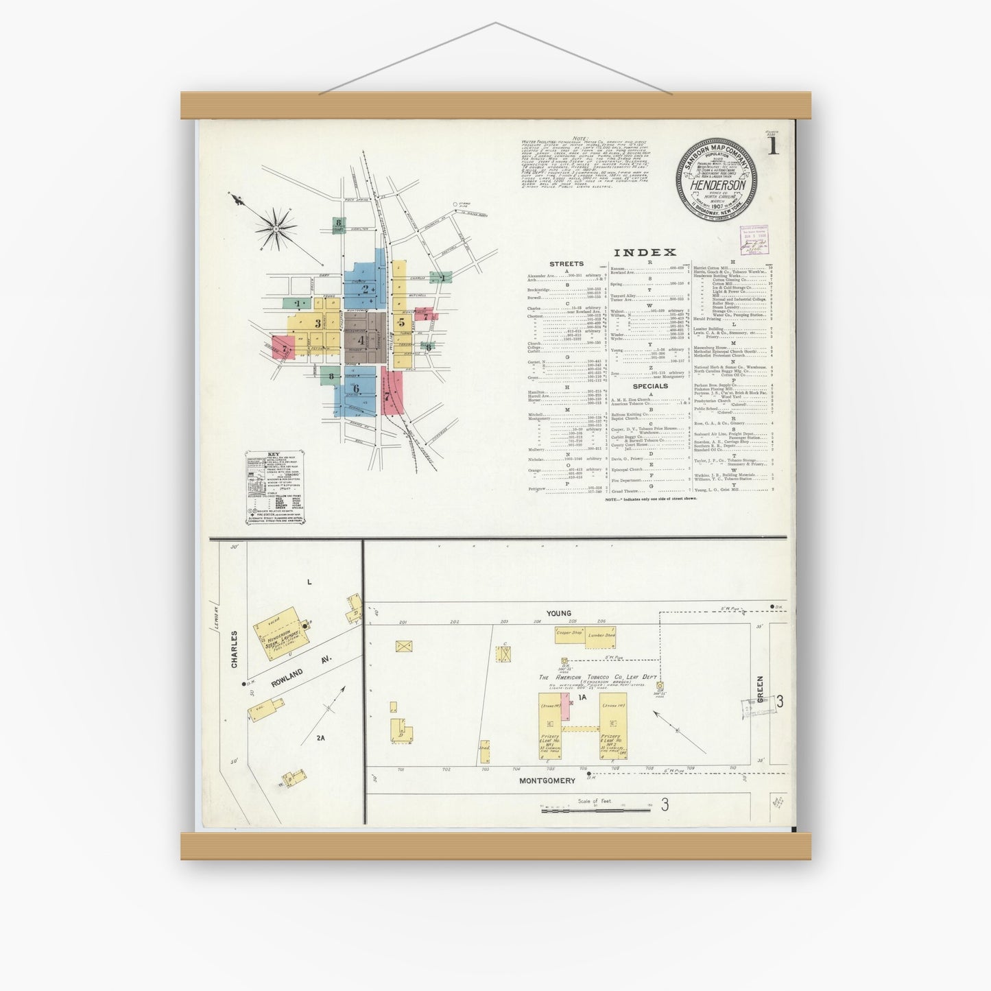 Old map wall art mockup — magnetic wood frame on white wall — Sanborn Fire Insurance Map from Henderson, Vance County, North Carolina (1907) - Complete Map Set