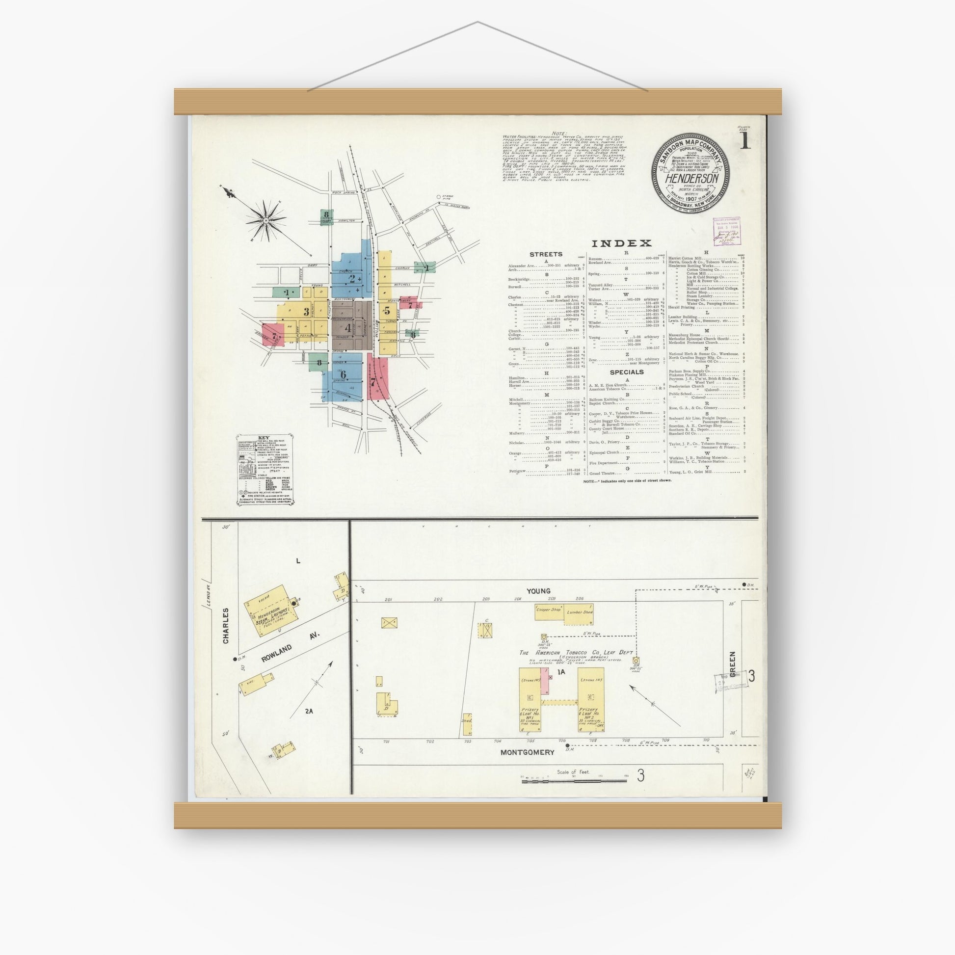 Old map wall art mockup — magnetic wood frame on white wall — Sanborn Fire Insurance Map from Henderson, Vance County, North Carolina (1907) - Complete Map Set