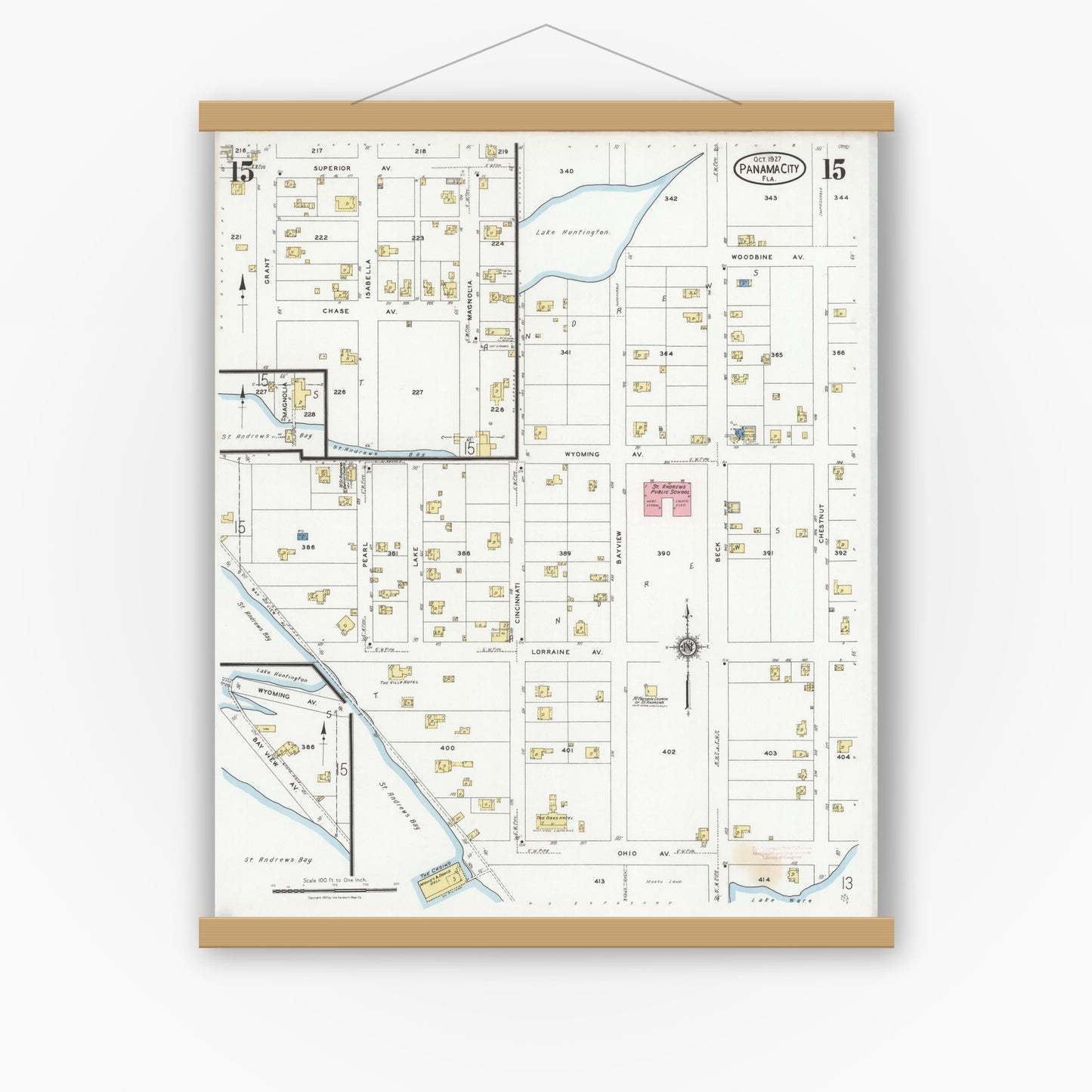 Old map wall art mockup — magnetic wood frame on white wall — Sanborn Fire Insurance Map from Panama City, Bay County, Florida (1927), Sheet #0015