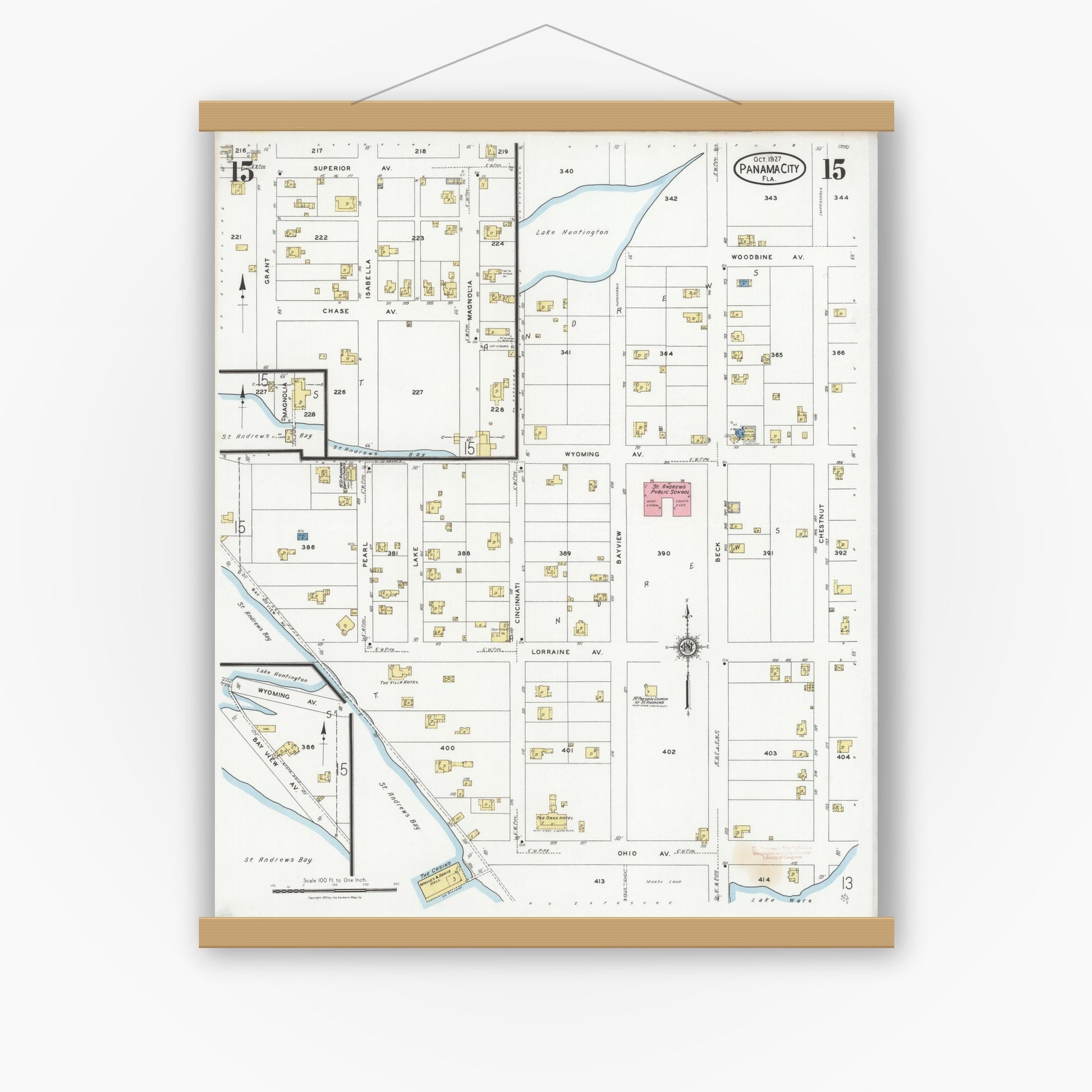 Old map wall art mockup — magnetic wood frame on white wall — Sanborn Fire Insurance Map from Panama City, Bay County, Florida (1927), Sheet #0015