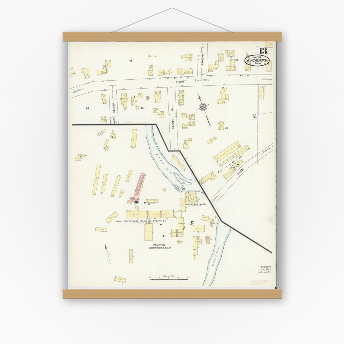 Old map wall art mockup — magnetic wood frame on white wall — Sanborn Fire Insurance Map from Winchendon, Worcester County, Massachusetts (1914), Sheet #0013