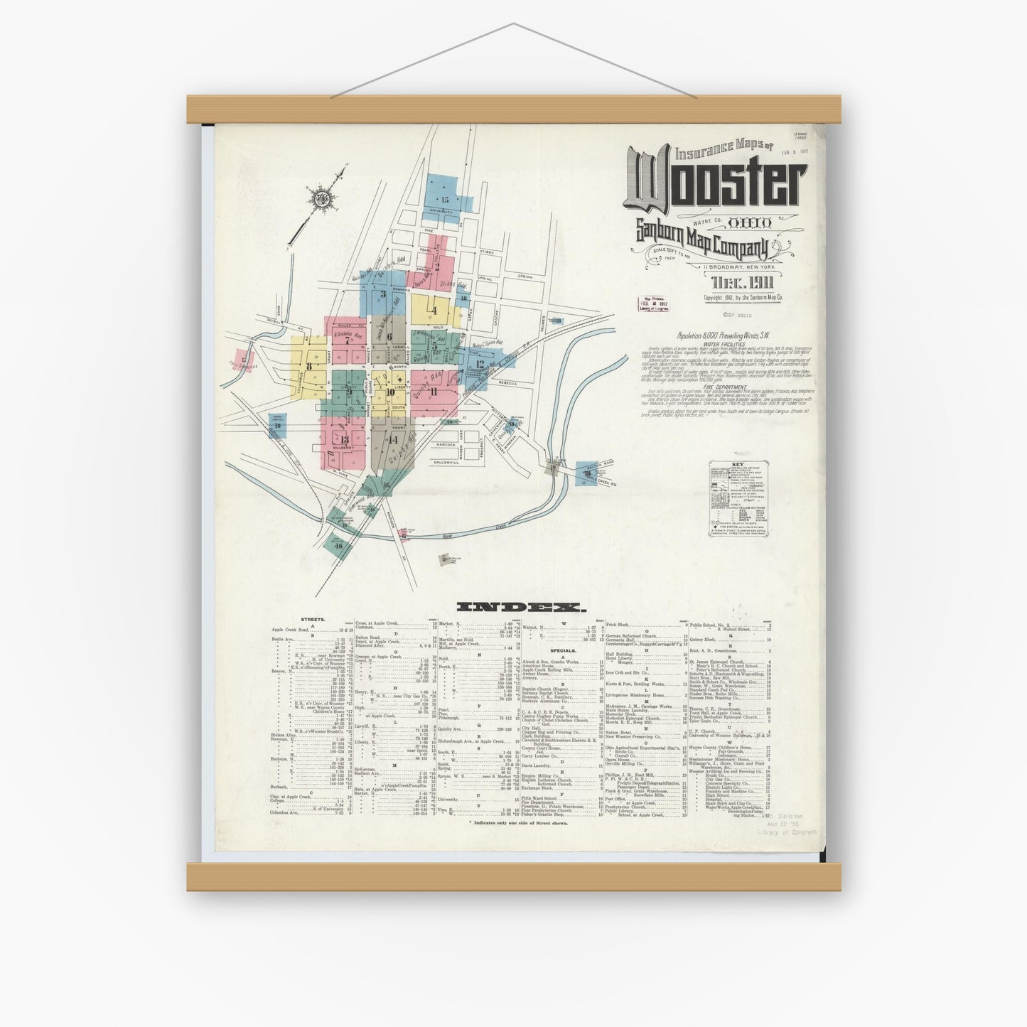 Old map wall art mockup — magnetic wood frame on white wall — Sanborn Fire Insurance Map from Wooster, Wayne County, Ohio (1911), Sheet #0001