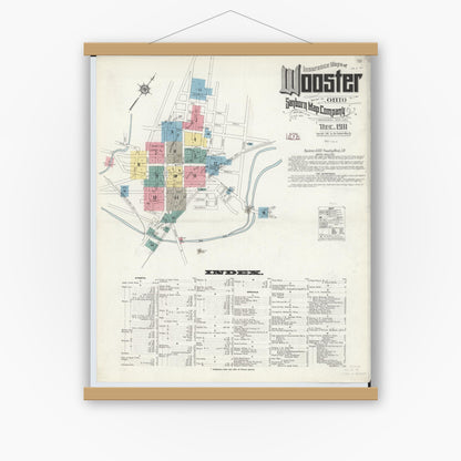 Old map wall art mockup — magnetic wood frame on white wall — Sanborn Fire Insurance Map from Wooster, Wayne County, Ohio (1911), Sheet #0001