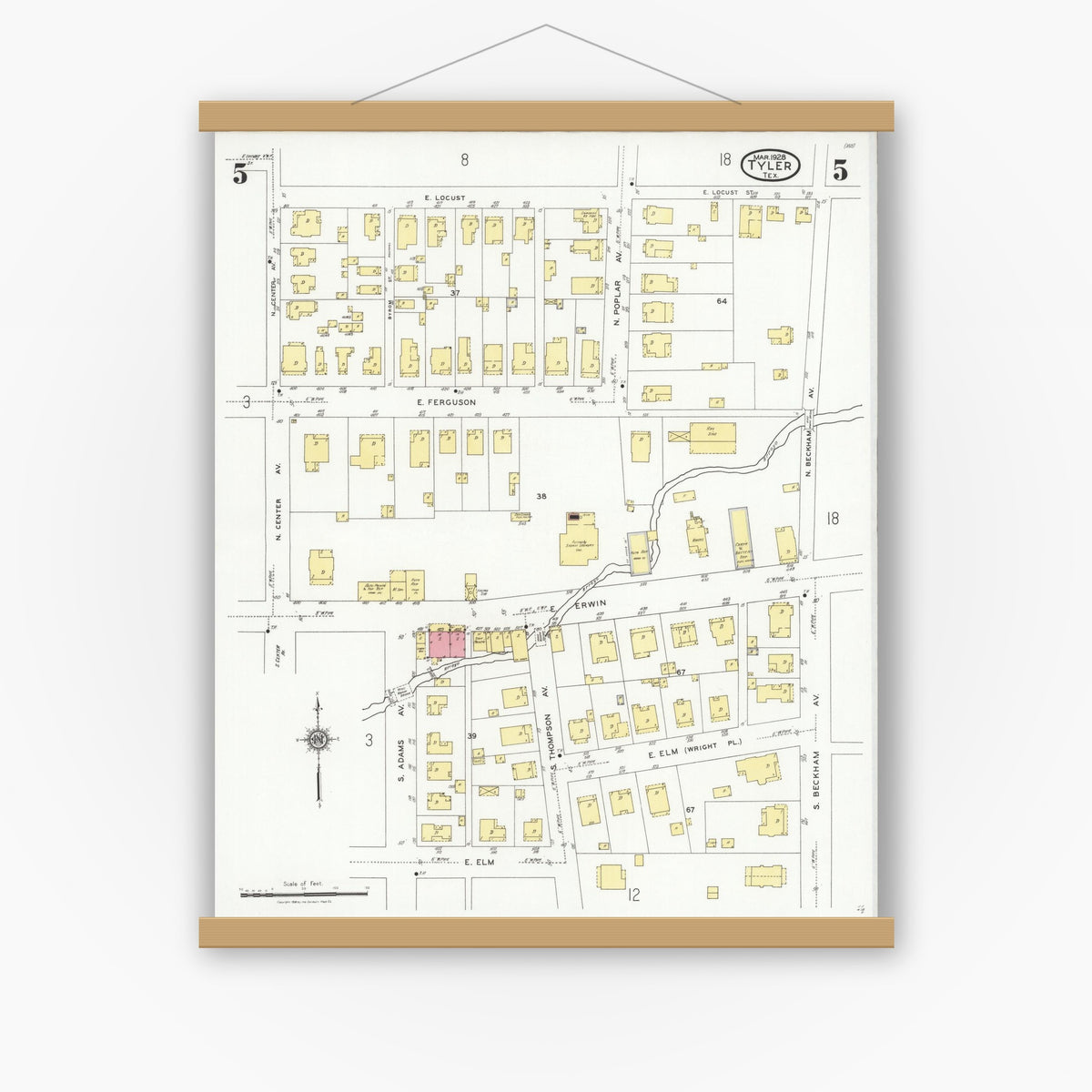 Old map wall art mockup — magnetic wood frame on white wall — Sanborn Fire Insurance Map from Tyler, Smith County, Texas (1928), Sheet #0005