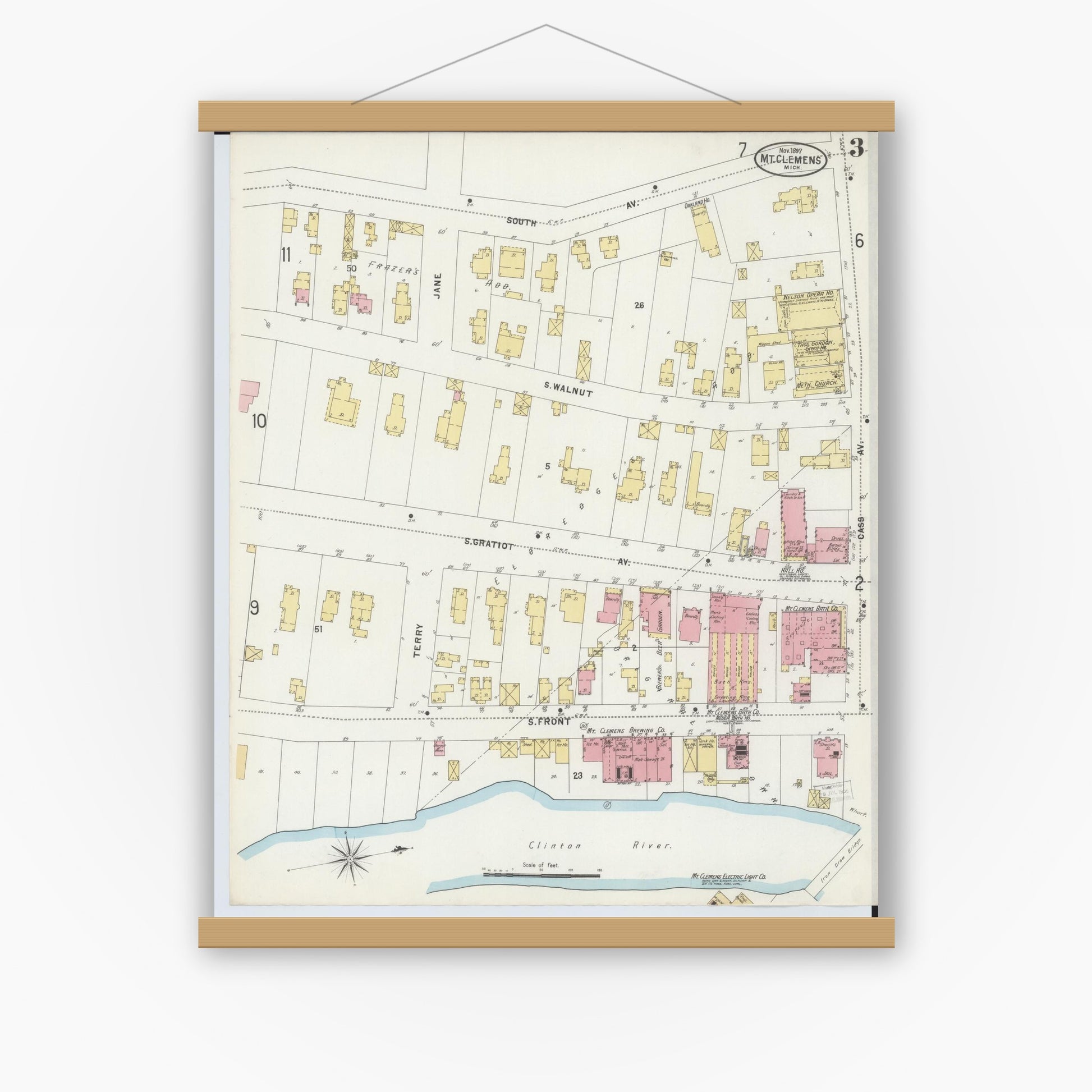 Old map wall art mockup — magnetic wood frame on white wall — Sanborn Fire Insurance Map from Mount Clemens, Macomb County, Michigan (1897), Sheet #0003