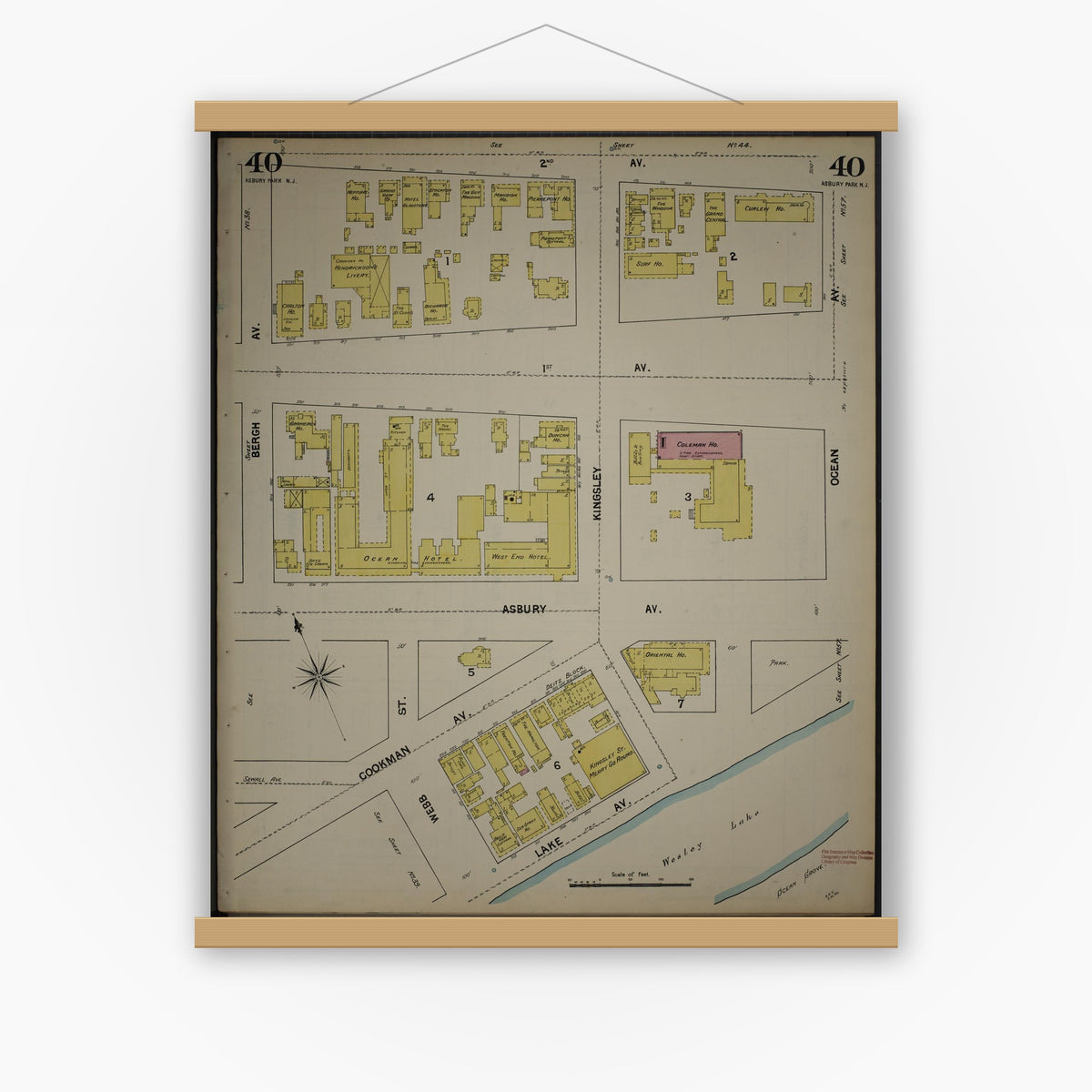 Old map wall art mockup — magnetic wood frame on white wall — Sanborn Fire Insurance Map from New Jersey Coast, New Jersey Coast, New Jersey (1890), Sheet #0040