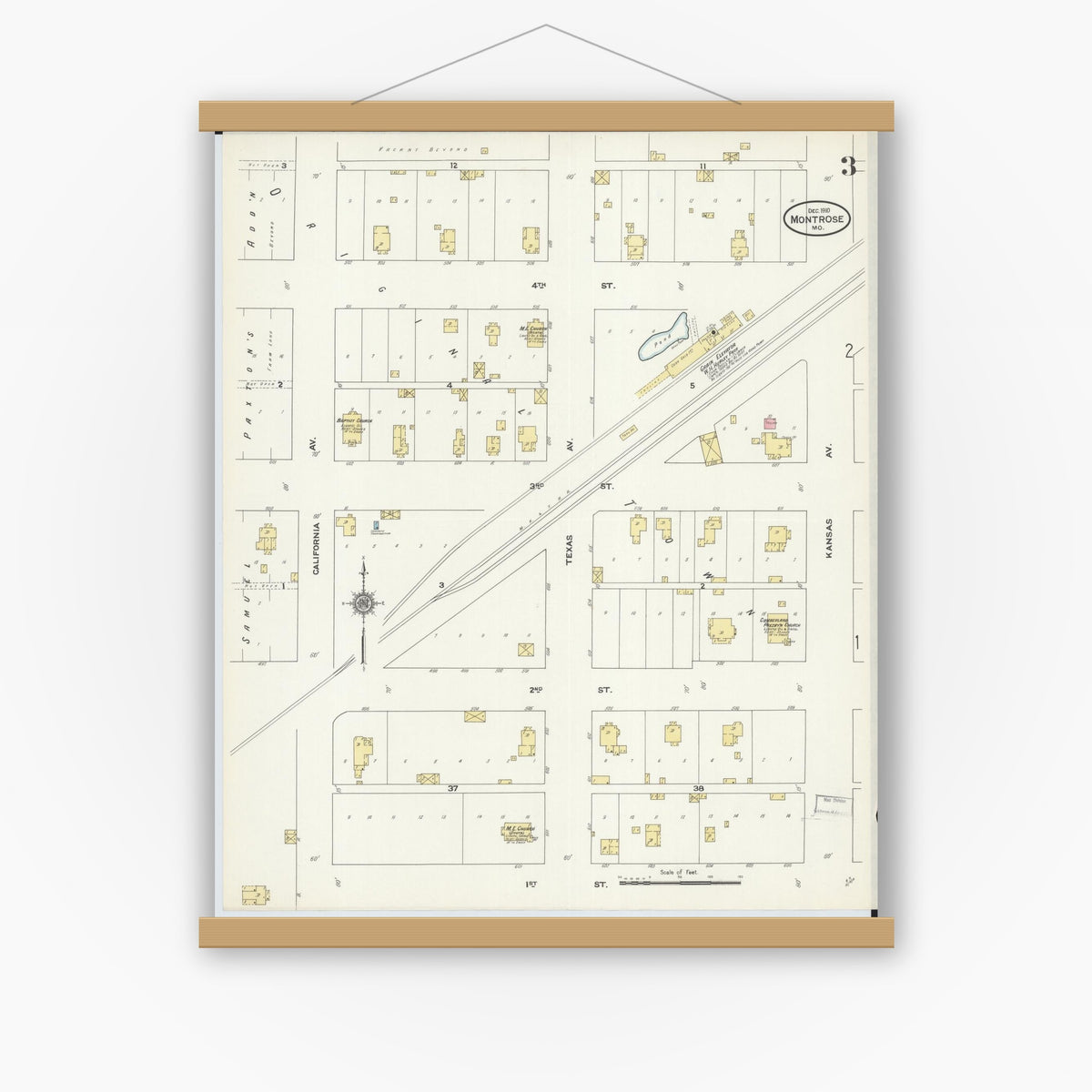 Old map wall art mockup — magnetic wood frame on white wall — Sanborn Fire Insurance Map from Montrose, Henry County, Missouri (1910), Sheet #0003