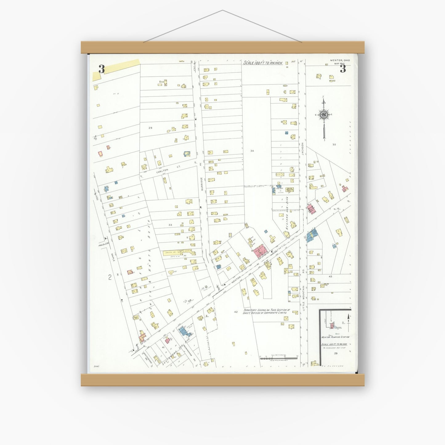 Old map wall art mockup — magnetic wood frame on white wall — Sanborn Fire Insurance Map from Mentor, Lake County, Ohio (1941), Sheet #0003