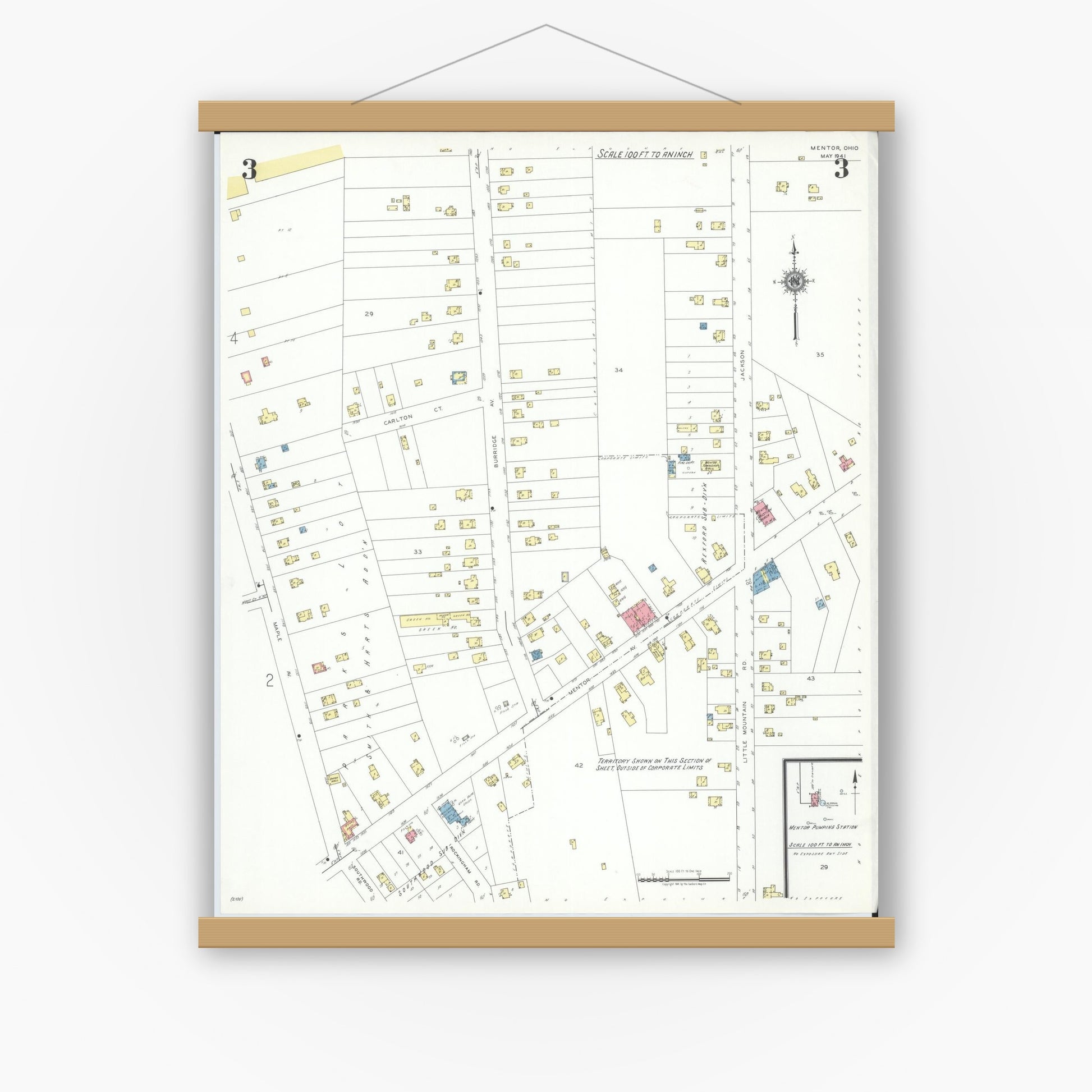 Old map wall art mockup — magnetic wood frame on white wall — Sanborn Fire Insurance Map from Mentor, Lake County, Ohio (1941), Sheet #0003