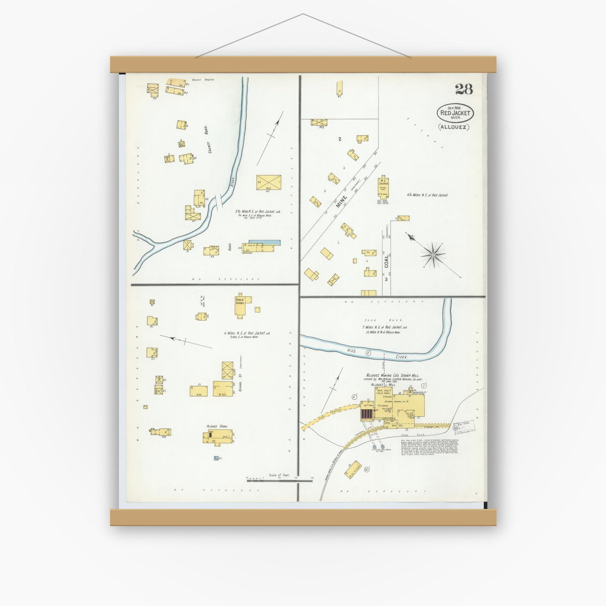 Old map wall art mockup — magnetic wood frame on white wall — Sanborn Fire Insurance Map from Red Jacket, Houghton County, Michigan (1900), Sheet #0028