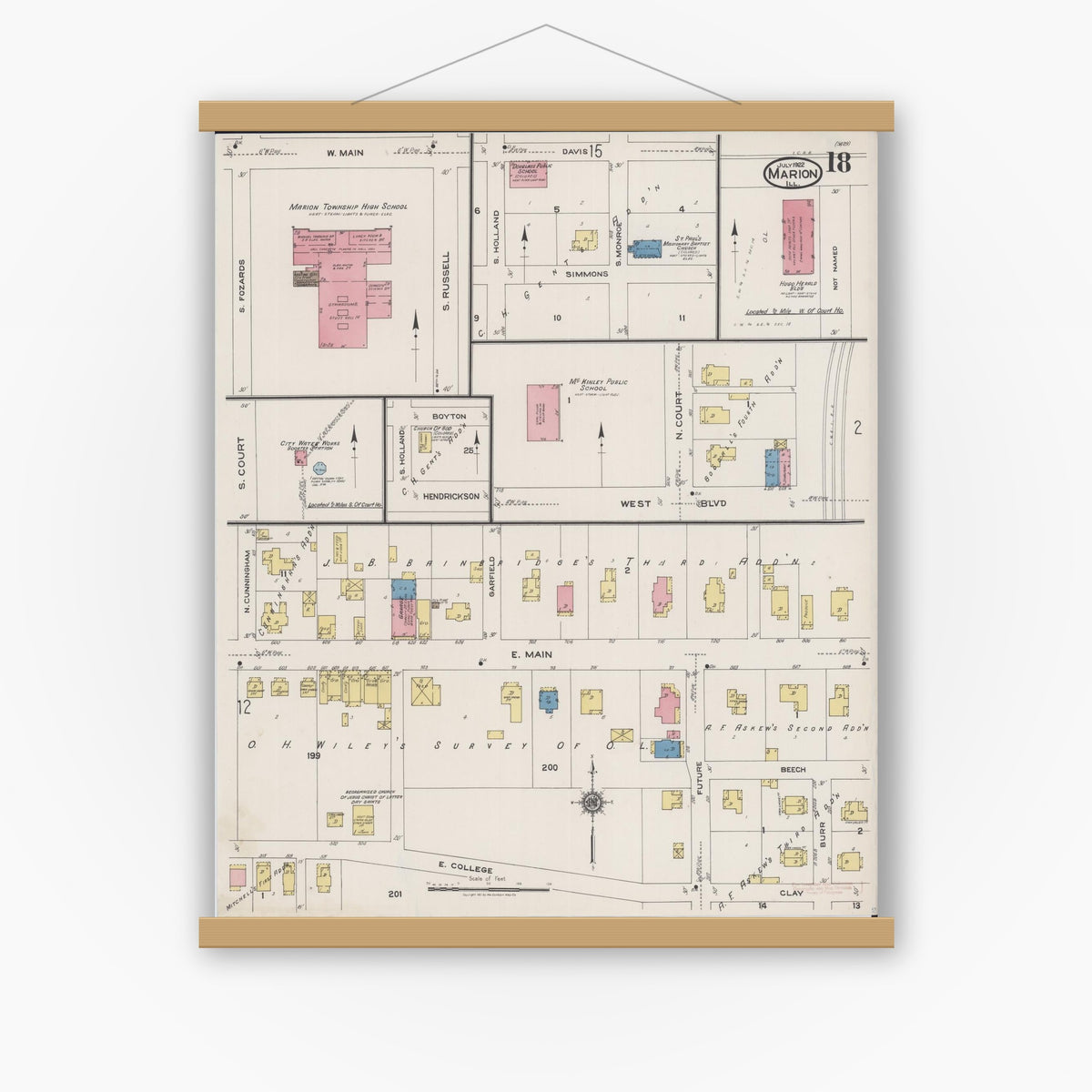 Old map wall art mockup — magnetic wood frame on white wall — Sanborn Fire Insurance Map from Marion, Williamson County, Illinois (1922), Sheet #0018
