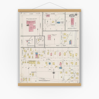 Old map wall art mockup — magnetic wood frame on white wall — Sanborn Fire Insurance Map from Marion, Williamson County, Illinois (1922), Sheet #0018