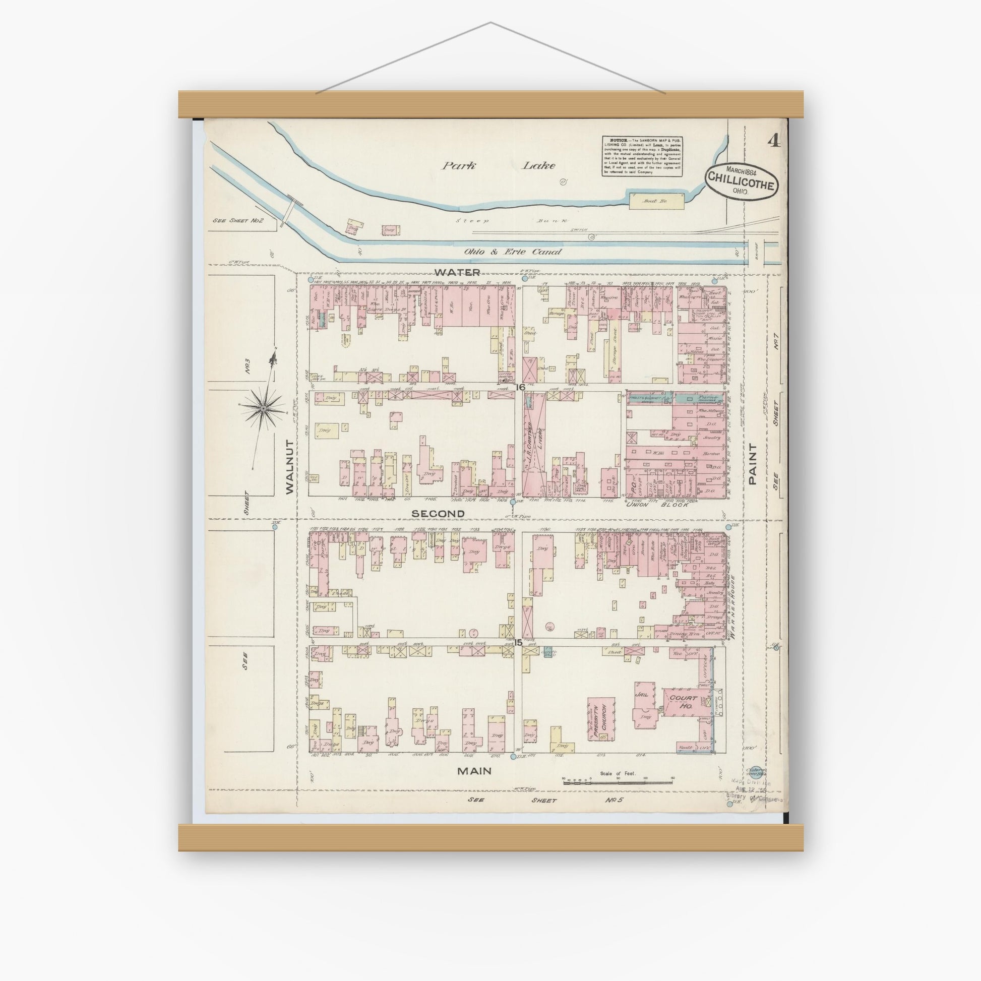 Old map wall art mockup — magnetic wood frame on white wall — Sanborn Fire Insurance Map from Chillicothe, Ross County, Ohio (1884), Sheet #0004