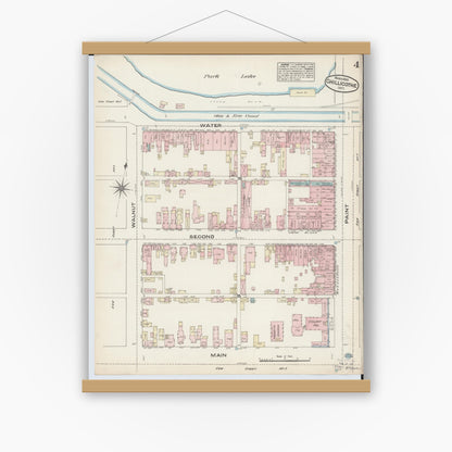 Old map wall art mockup — magnetic wood frame on white wall — Sanborn Fire Insurance Map from Chillicothe, Ross County, Ohio (1884), Sheet #0004