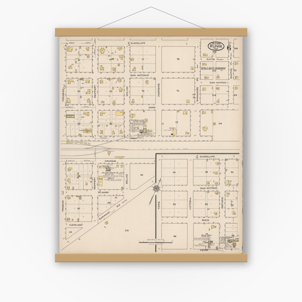 Old map wall art mockup — magnetic wood frame on white wall — Sanborn Fire Insurance Map from Runge, Karnes County, Texas (1922), Sheet #0006