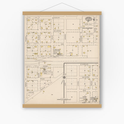 Old map wall art mockup — magnetic wood frame on white wall — Sanborn Fire Insurance Map from Runge, Karnes County, Texas (1922), Sheet #0006