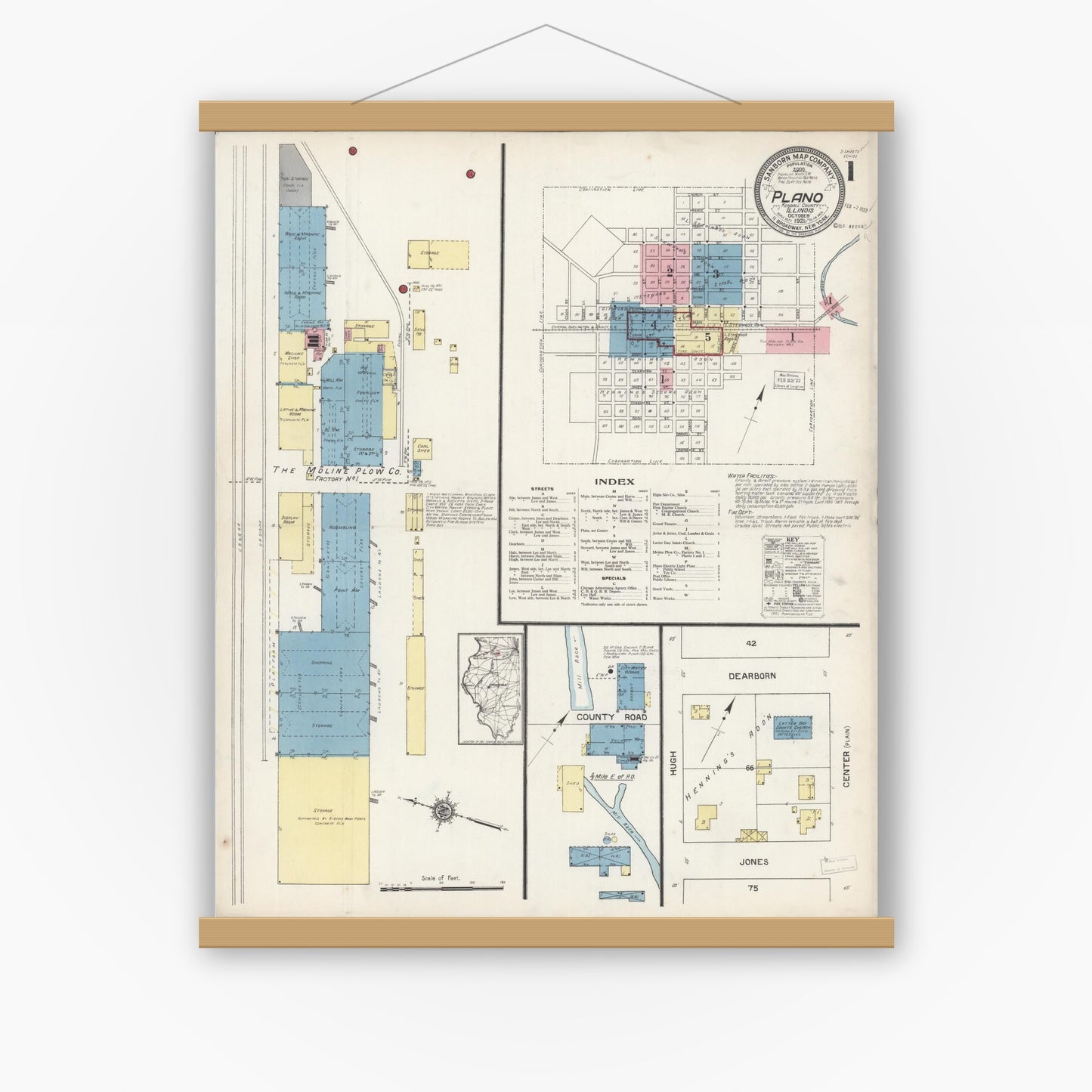 Old map wall art mockup — magnetic wood frame on white wall — Sanborn Fire Insurance Map from Plano, Kendall County, Illinois (1921) - Complete Map Set