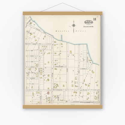 Old map wall art mockup — magnetic wood frame on white wall — Sanborn Fire Insurance Map from Bradentown, Manatee County, Florida (1922), Sheet #0011