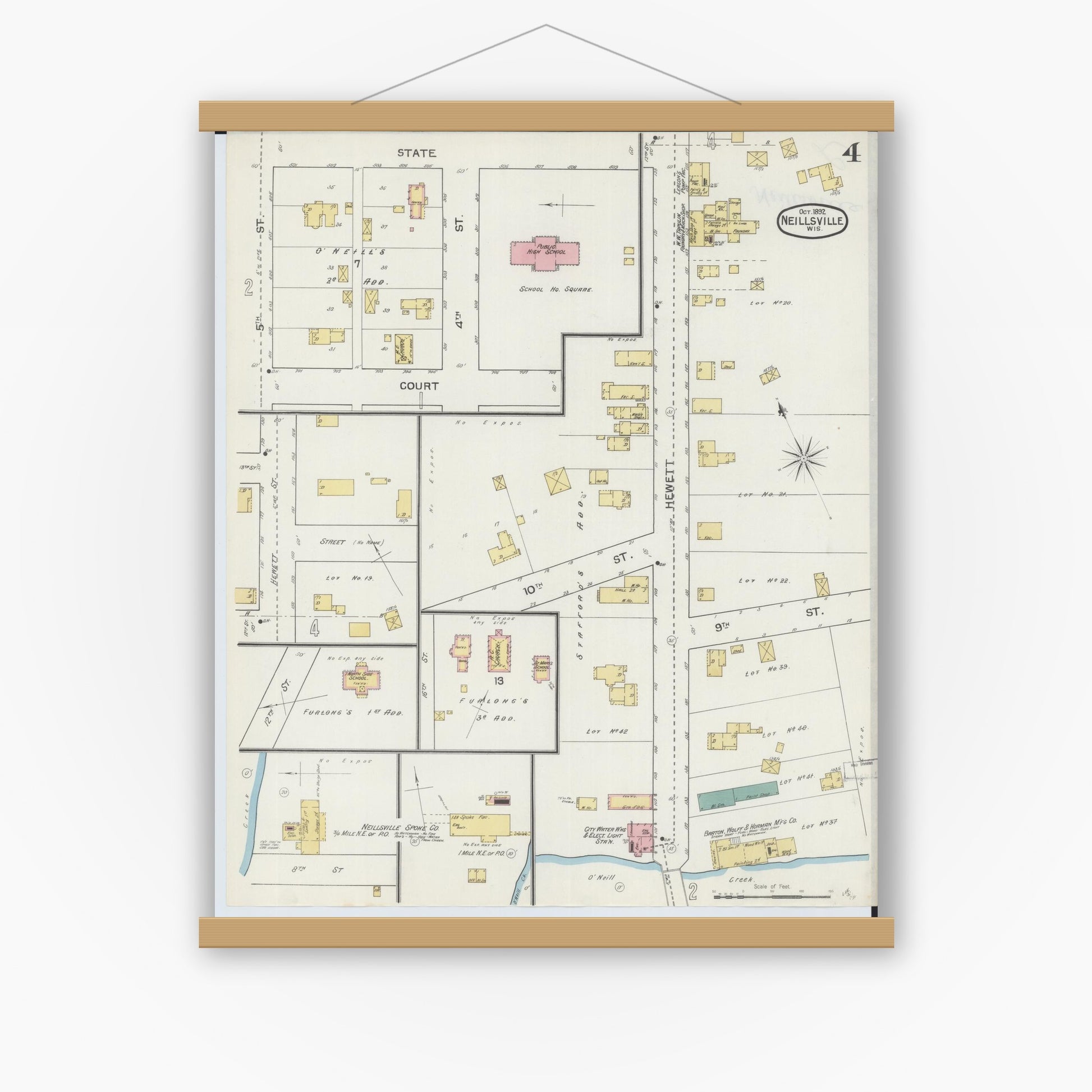 Old map wall art mockup — magnetic wood frame on white wall — Sanborn Fire Insurance Map from Neillsville, Clark County, Wisconsin (1892), Sheet #0004