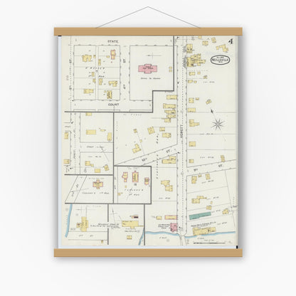 Old map wall art mockup — magnetic wood frame on white wall — Sanborn Fire Insurance Map from Neillsville, Clark County, Wisconsin (1892), Sheet #0004