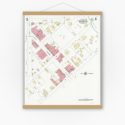 Old map wall art mockup — magnetic wood frame on white wall — Sanborn Fire Insurance Map from Panama City, Bay County, Florida (1927), Sheet #0005