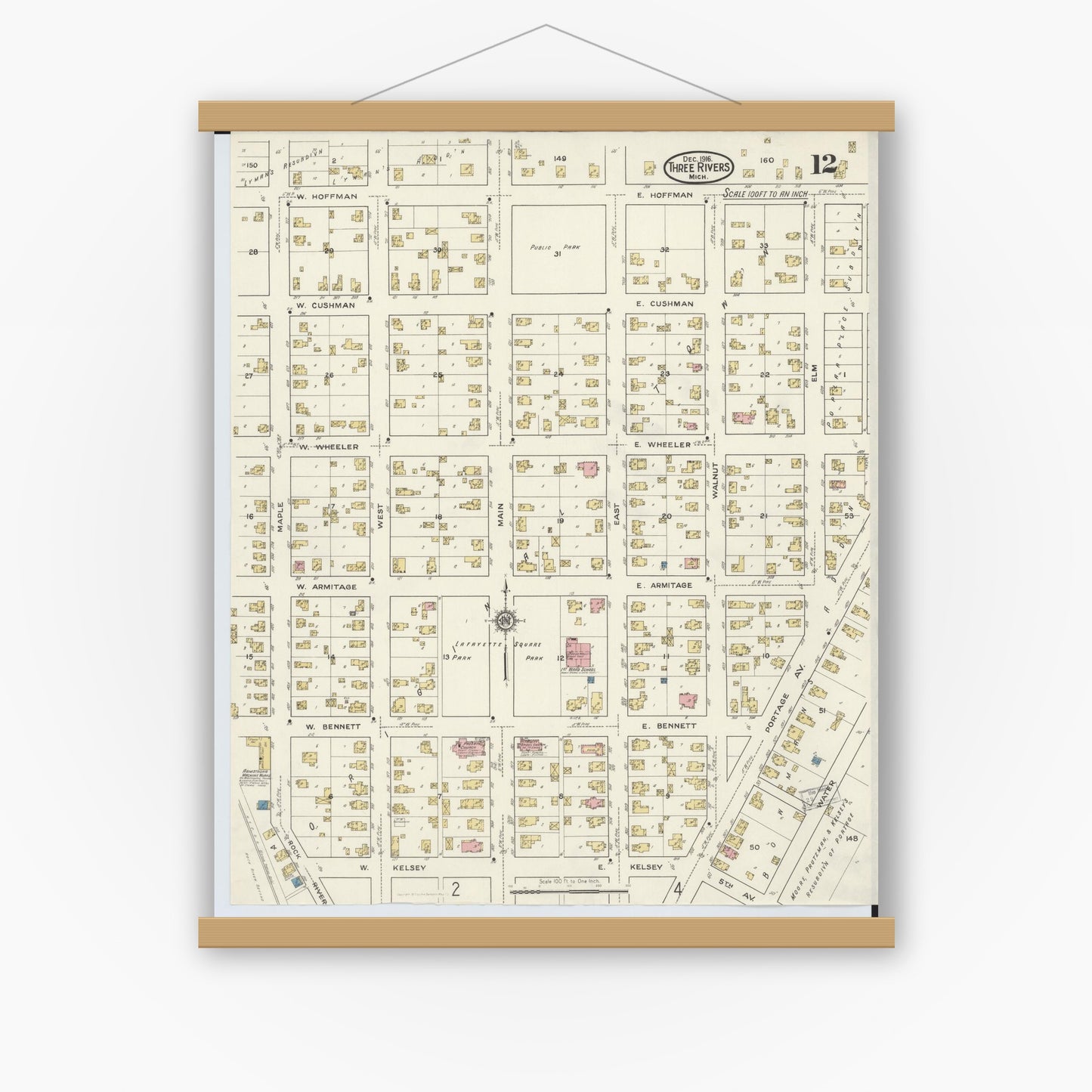 Old map wall art mockup — magnetic wood frame on white wall — Sanborn Fire Insurance Map from Three Rivers, Saint Joseph County, Michigan (1916), Sheet #0012
