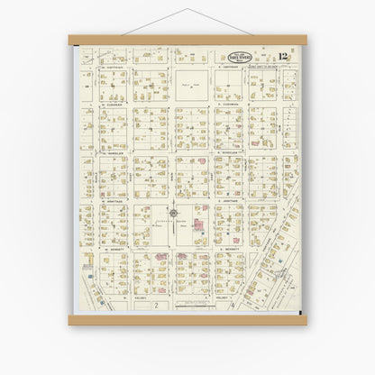 Old map wall art mockup — magnetic wood frame on white wall — Sanborn Fire Insurance Map from Three Rivers, Saint Joseph County, Michigan (1916), Sheet #0012