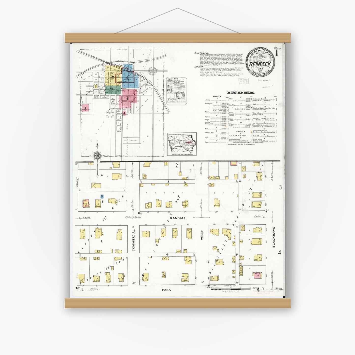 Old map wall art mockup — magnetic wood frame on white wall — Sanborn Fire Insurance Map from Reinbeck, Grundy County, Iowa (1921), Sheet #0001