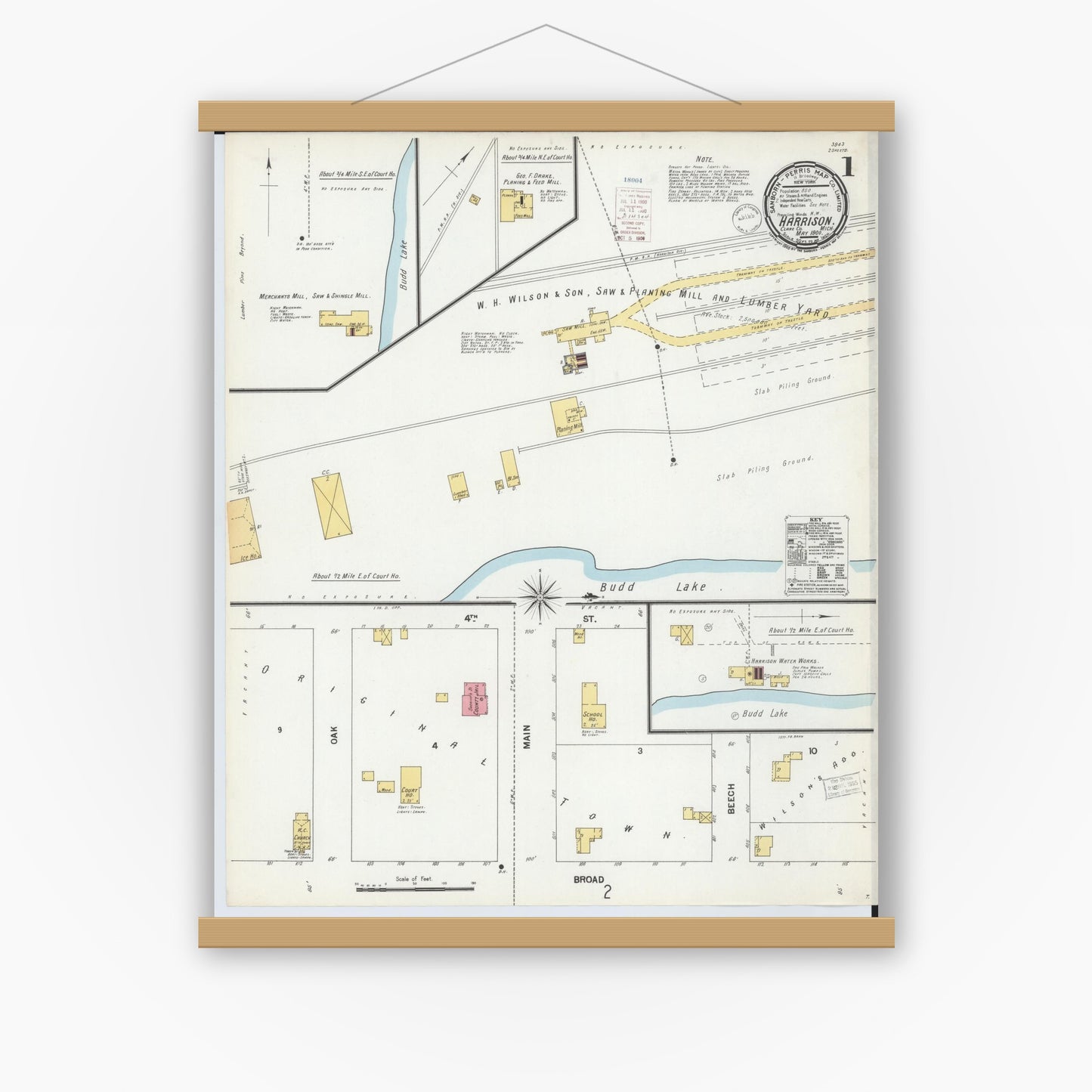 Old map wall art mockup — magnetic wood frame on white wall — Sanborn Fire Insurance Map from Harrison, Clare County, Michigan (1900) - Complete Map Set