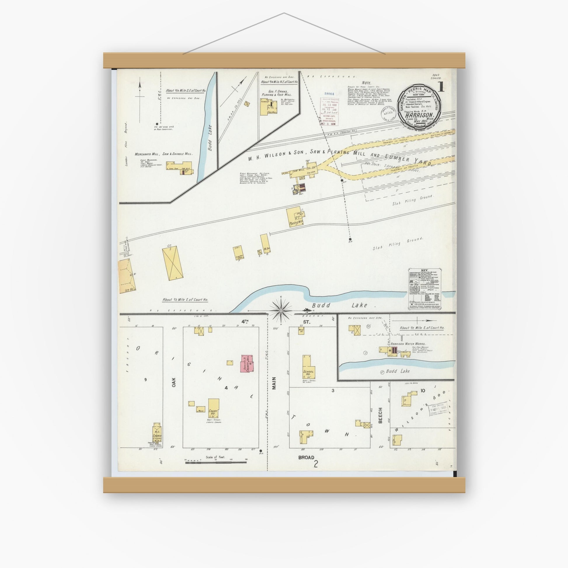 Old map wall art mockup — magnetic wood frame on white wall — Sanborn Fire Insurance Map from Harrison, Clare County, Michigan (1900) - Complete Map Set
