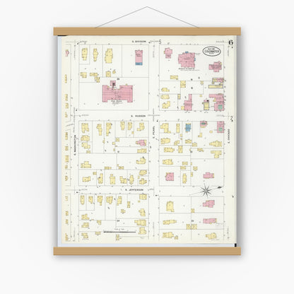 Old map wall art mockup — magnetic wood frame on white wall — Sanborn Fire Insurance Map from Coldwater, Branch County, Michigan (1908), Sheet #0006