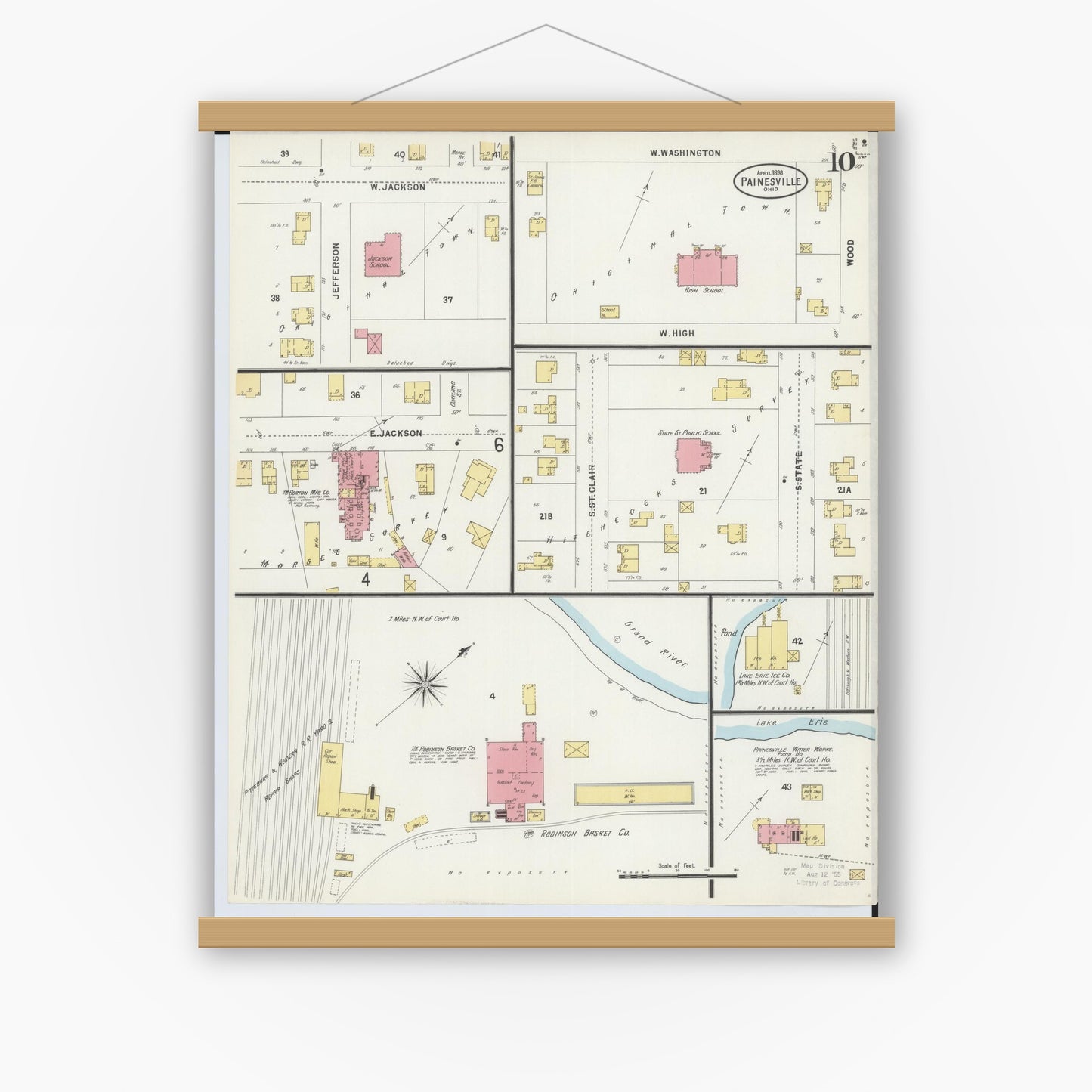 Old map wall art mockup — magnetic wood frame on white wall — Sanborn Fire Insurance Map from Painesville, Lake County, Ohio (1898), Sheet #0010