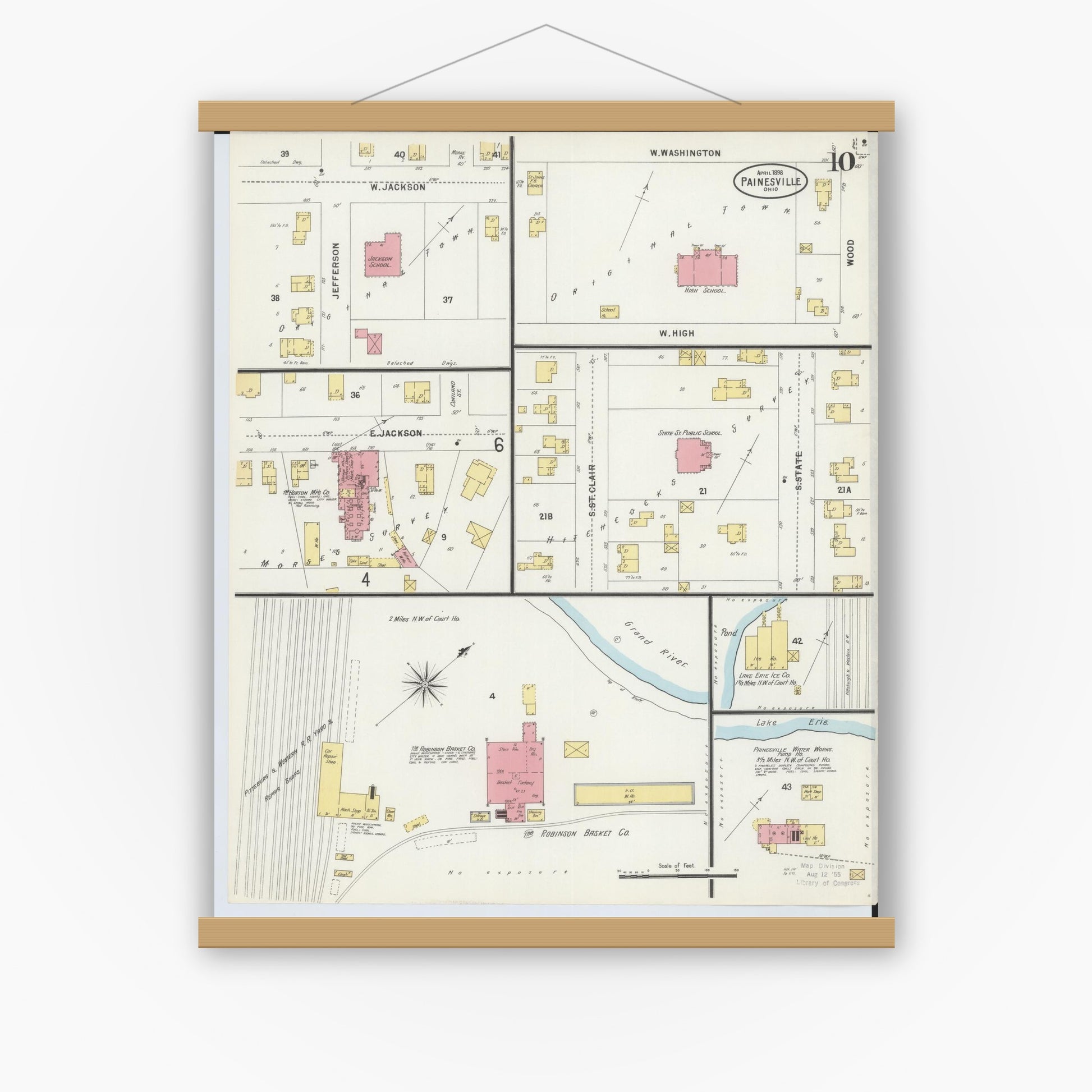 Old map wall art mockup — magnetic wood frame on white wall — Sanborn Fire Insurance Map from Painesville, Lake County, Ohio (1898), Sheet #0010