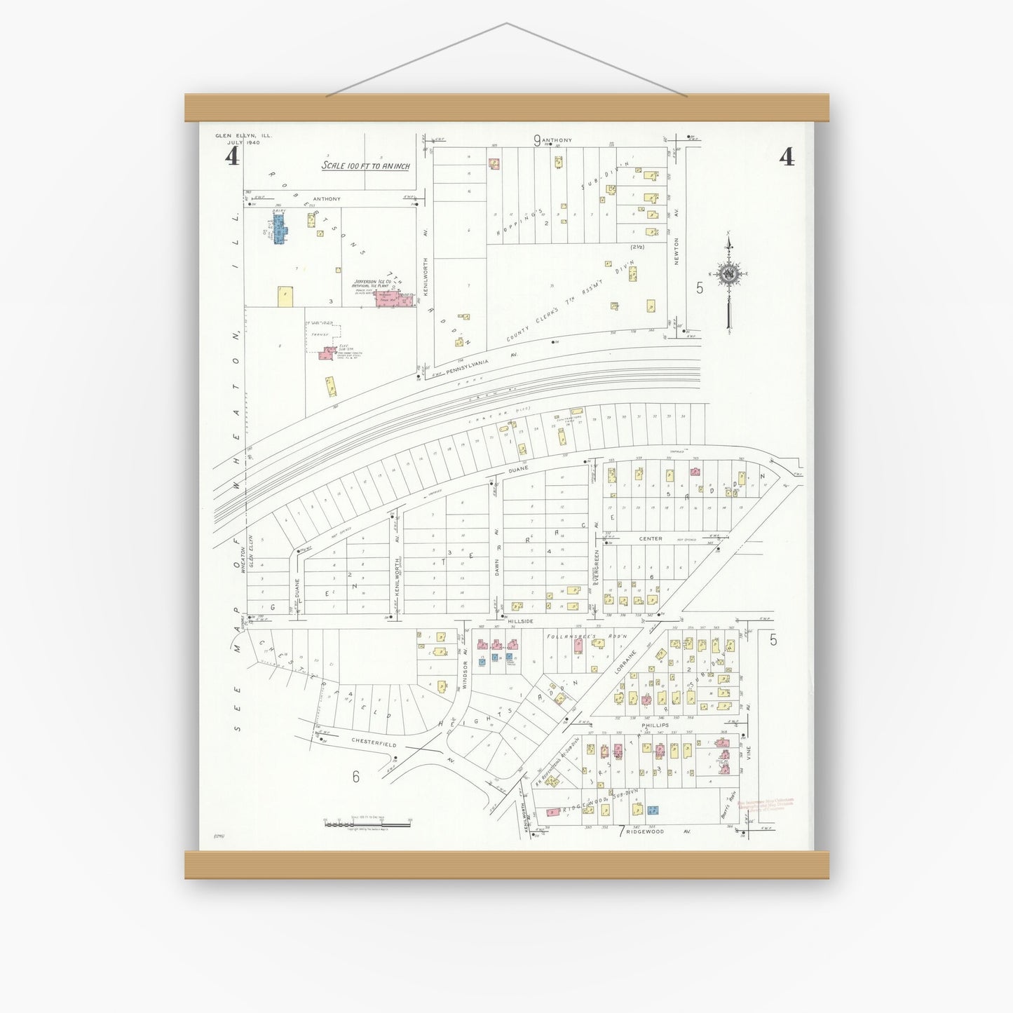 Old map wall art mockup — magnetic wood frame on white wall — Sanborn Fire Insurance Map from Glen Ellyn, Du Page County, Illinois (1940), Sheet #0004